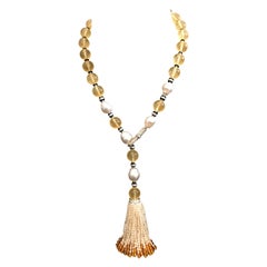 Beaded Necklace Yellow Aragonite Spheres Baroque Silver/White Pearls Amber