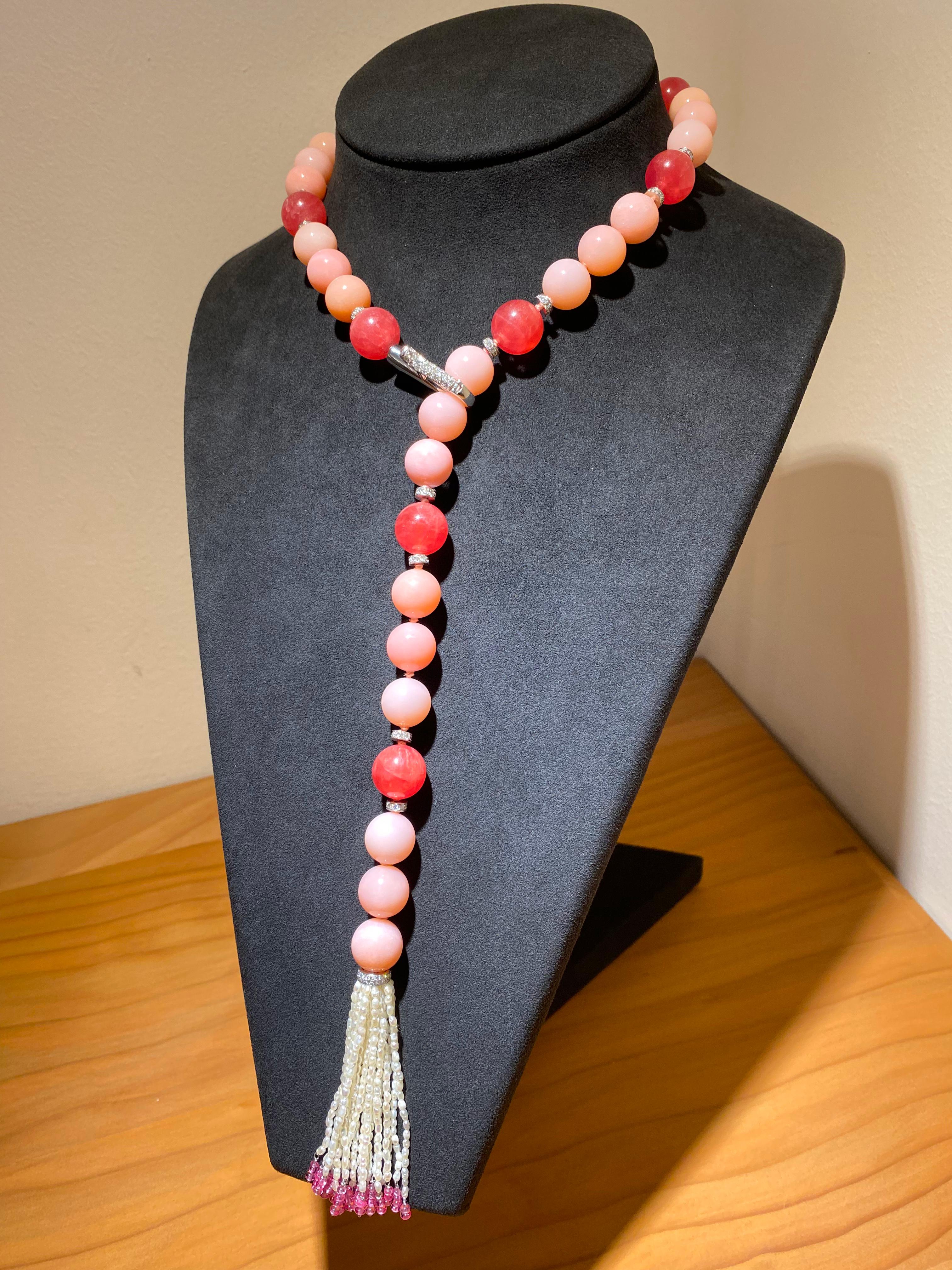 Contemporary SCAVIA Pink Opal/Rhodochrosite Spheres Spinel And Small Pearls Tuft For Sale