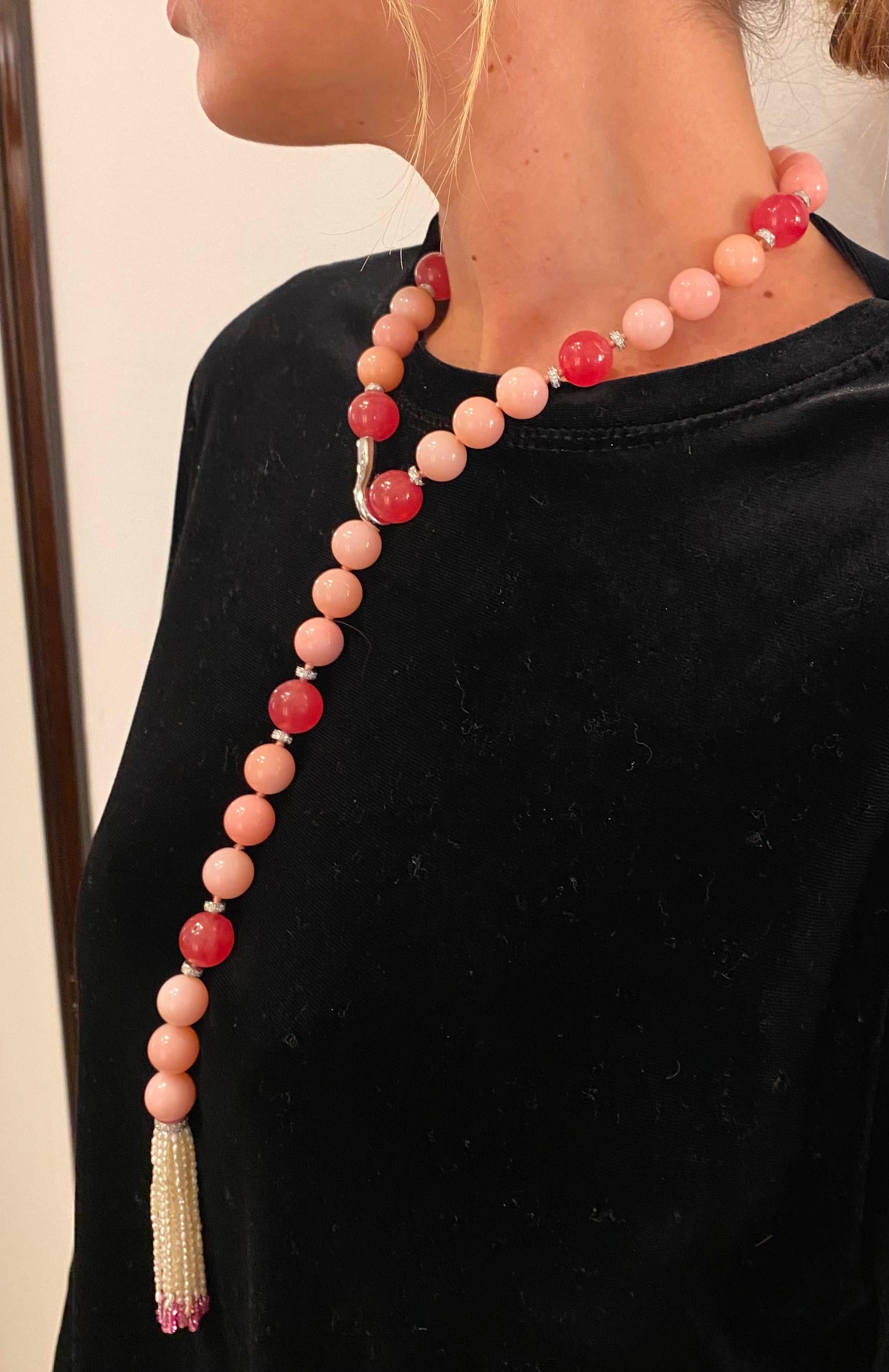 Women's or Men's SCAVIA Pink Opal/Rhodochrosite Spheres Spinel And Small Pearls Tuft For Sale