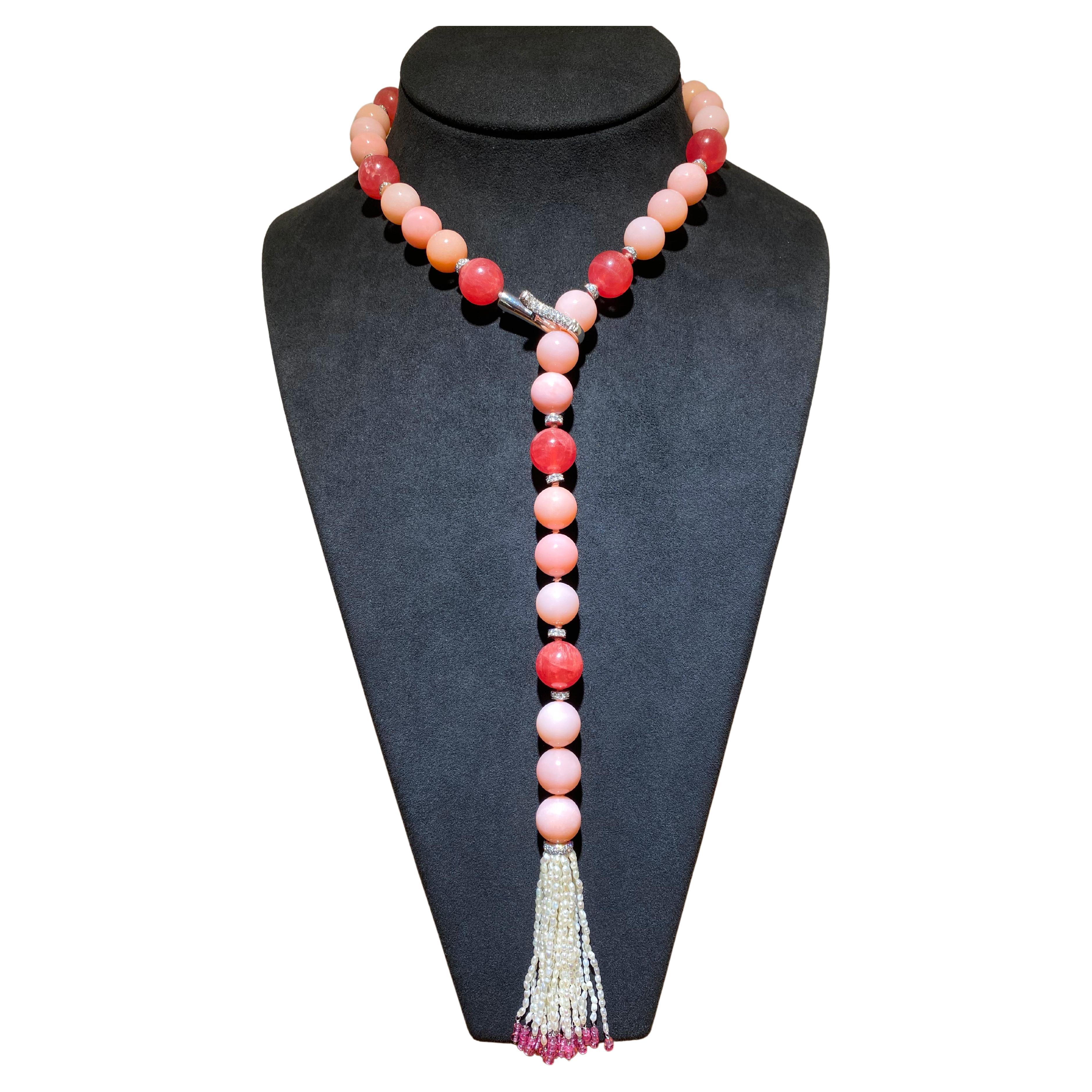SCAVIA Pink Opal/Rhodochrosite Spheres Spinel And Small Pearls Tuft