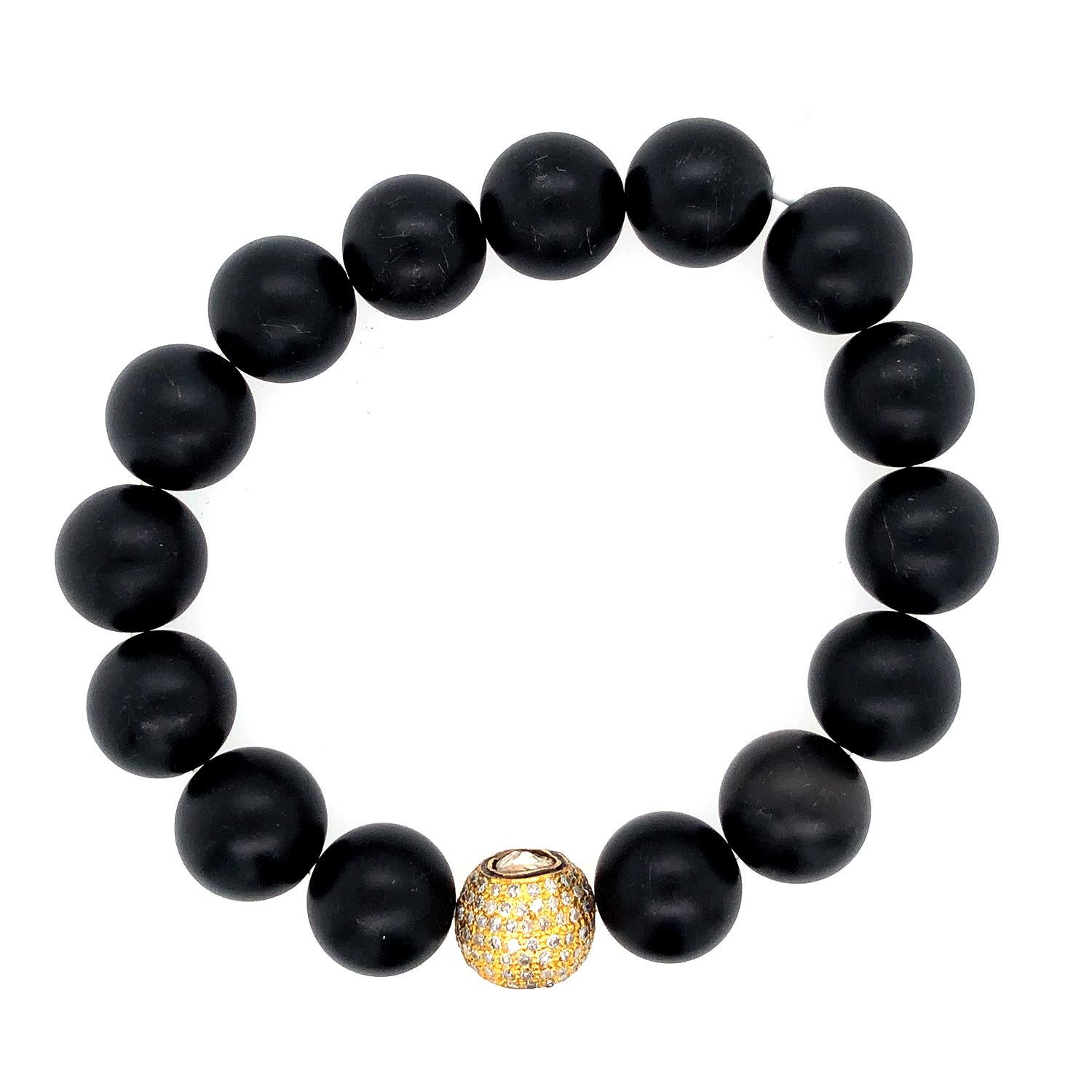 Art Deco Beaded Onyx Bracelet with Center Pave Diamond Ball in Gold For Sale