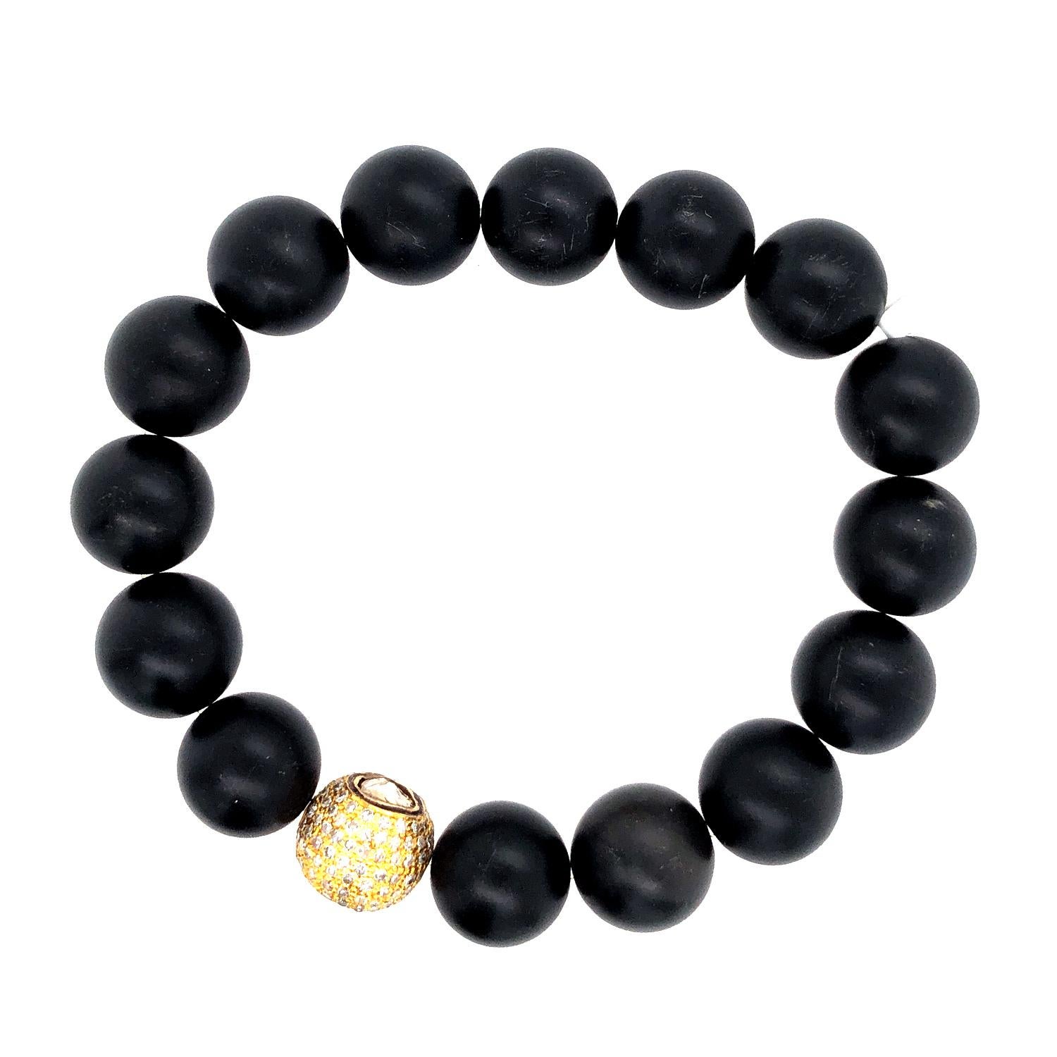 Round Cut Beaded Onyx Bracelet with Center Pave Diamond Ball in Gold For Sale