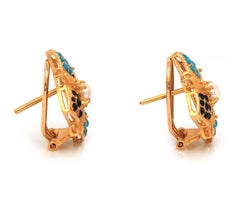 Beaded Onyx, Turquoise and Pearl Tiled Square Earrings in 20K Yellow Gold