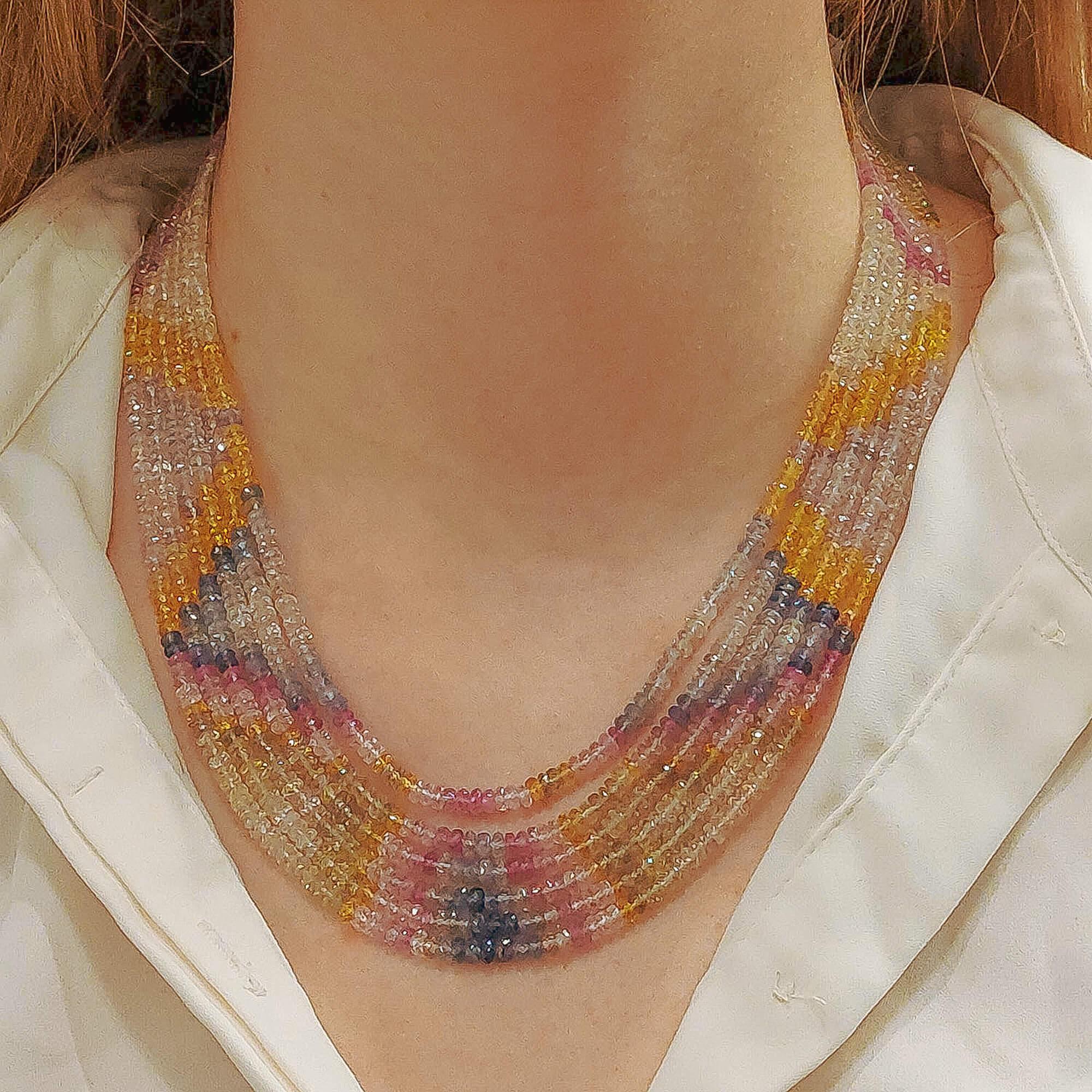 Beaded Pastel Rainbow Sapphire Strand Necklace with 9 Karat Gold Clasp In Good Condition For Sale In London, GB