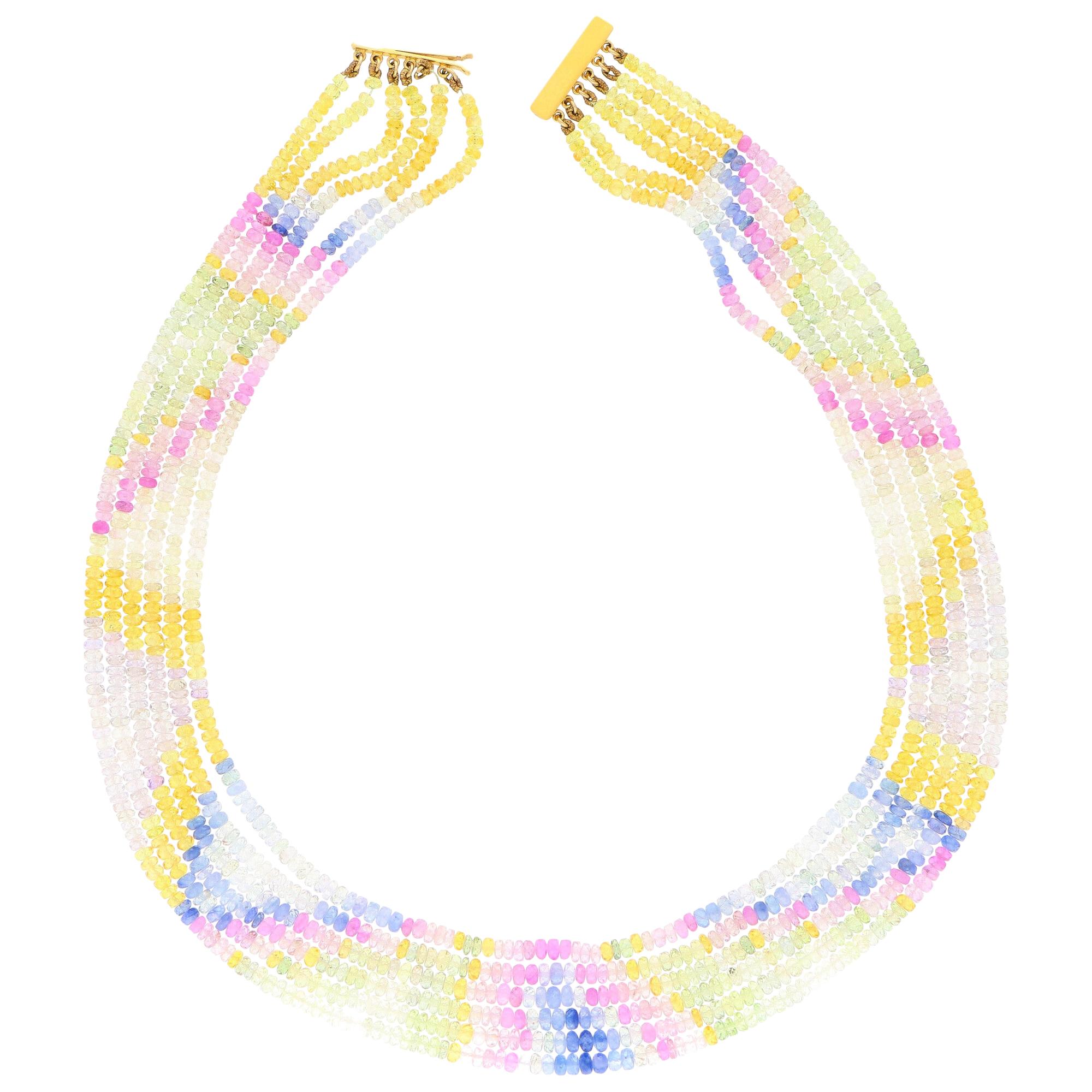 Beaded Pastel Rainbow Sapphire Strand Necklace with 9 Karat Gold Clasp For Sale