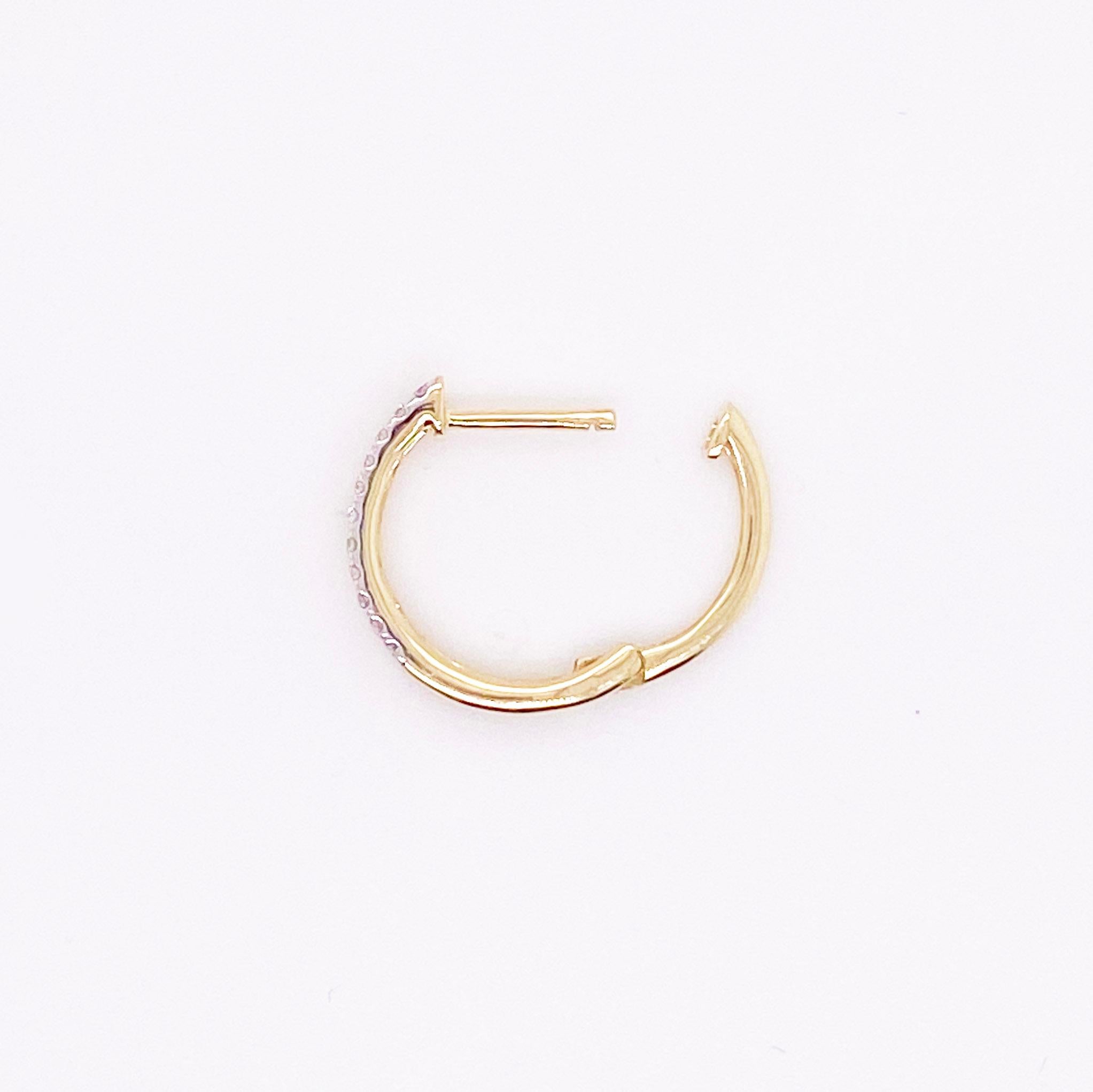 Round Cut Beaded Pavé Diamond Huggies, 14K Yellow Gold Diamond Hoop Earrings For Sale