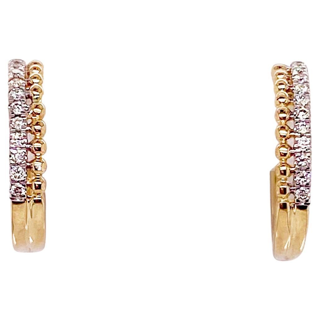 Beaded Pavé Diamond Huggies, 14K Yellow Gold Diamond Hoop Earrings For Sale