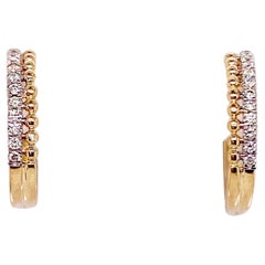 Beaded Pavé Diamond Huggies, 14K Yellow Gold Diamond Hoop Earrings