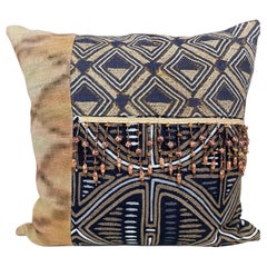 Beaded Pillow with Dark Tones and IKAT print with Saddle Leather Back 