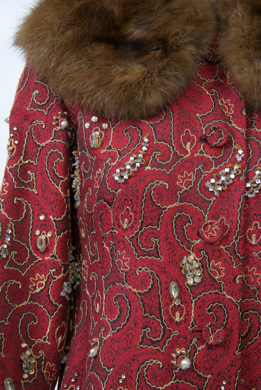 Brown Beaded Red Brocade Evening Coat with Sable Trim