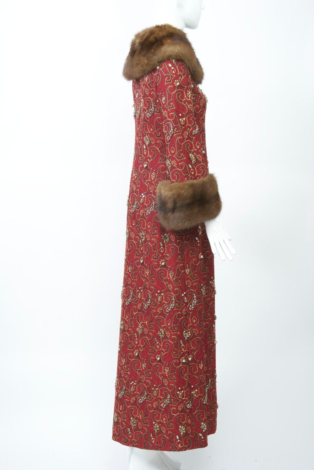 Beaded Red Brocade Evening Coat with Sable Trim In Good Condition In Alford, MA