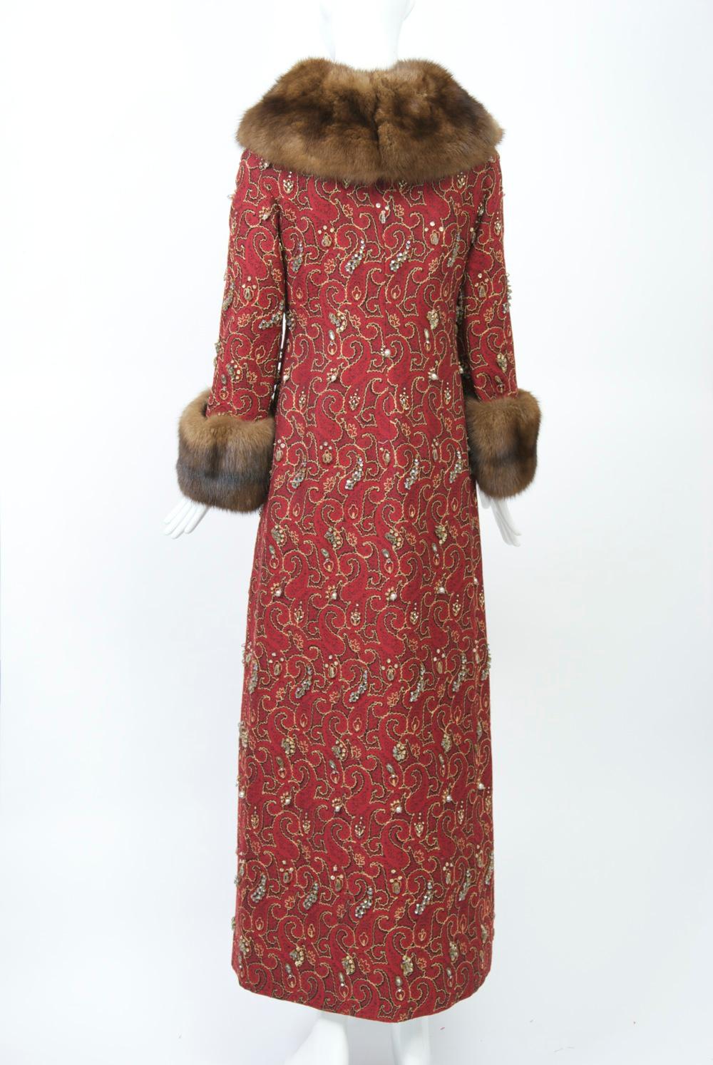 Beaded Red Brocade Evening Coat with Sable Trim 1