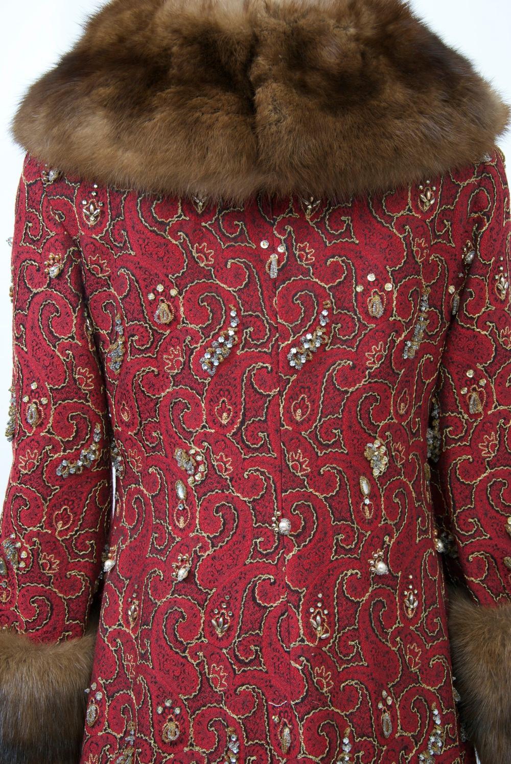 Beaded Red Brocade Evening Coat with Sable Trim 2