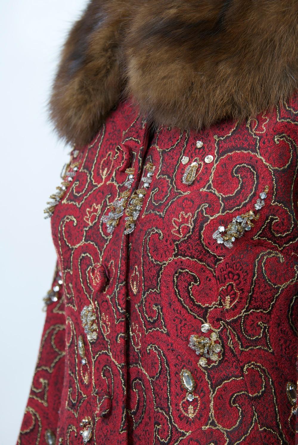Beaded Red Brocade Evening Coat with Sable Trim 3