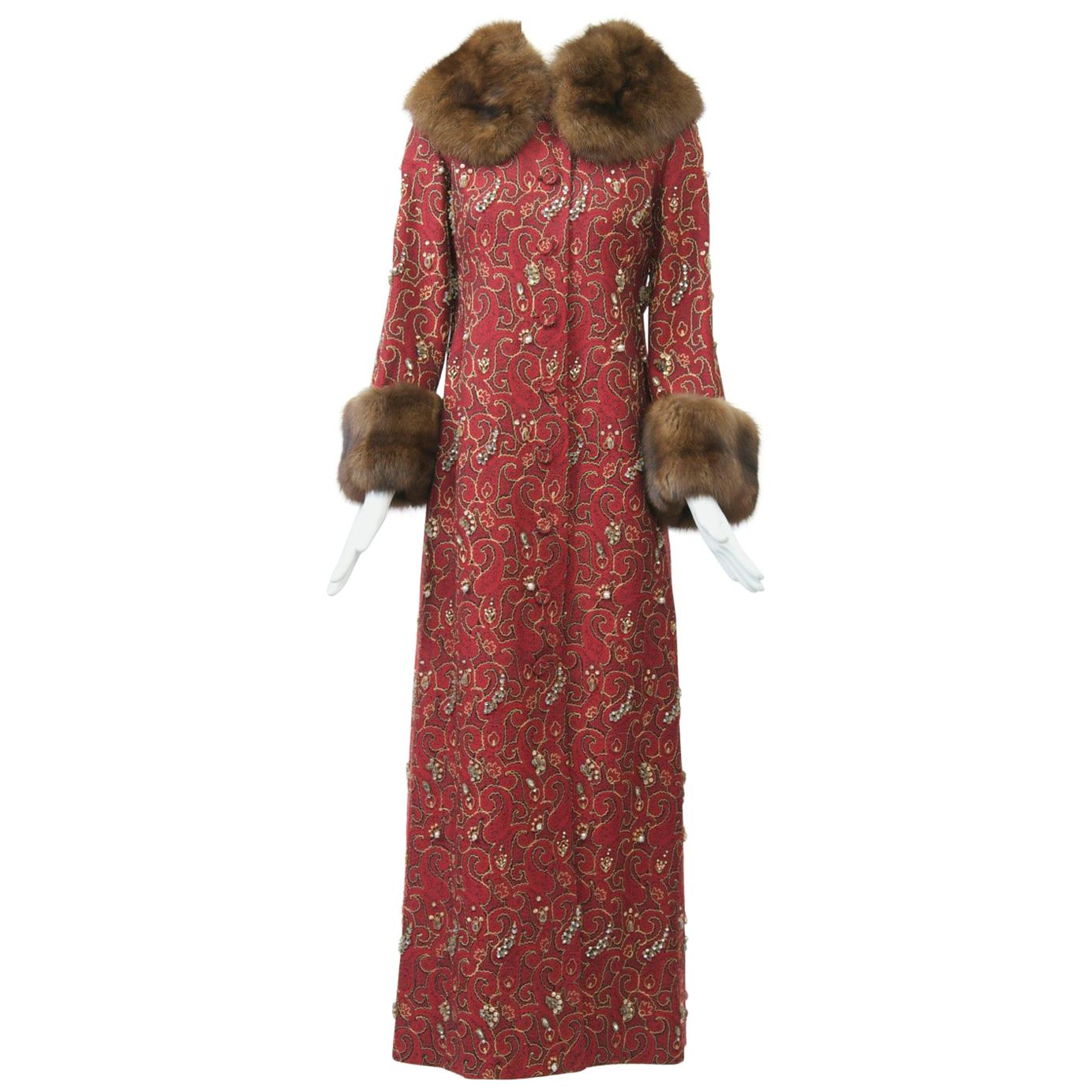 Beaded Red Brocade Evening Coat with Sable Trim