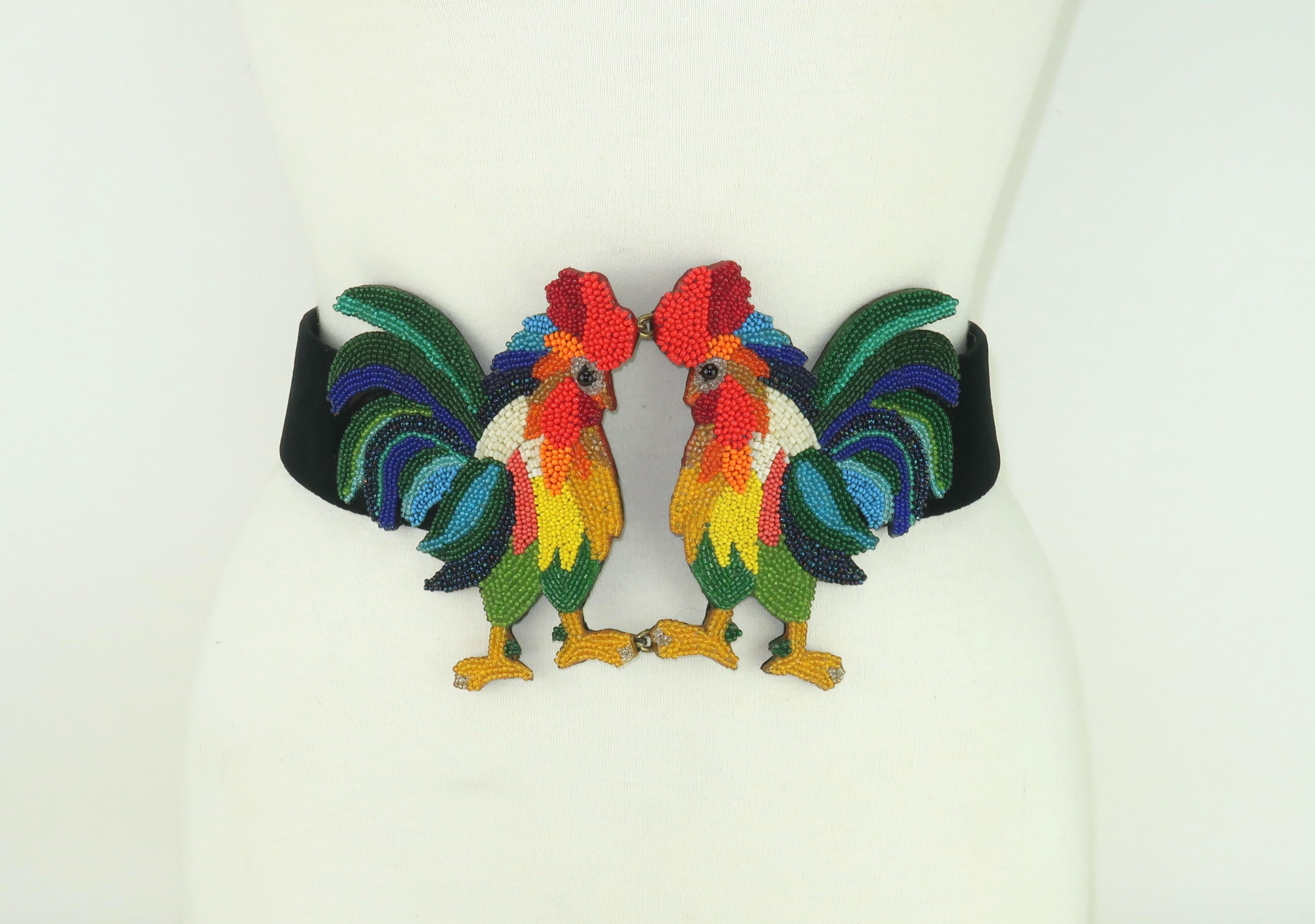 Black Beaded Rooster Cummerbund Velvet Belt, 1980’s