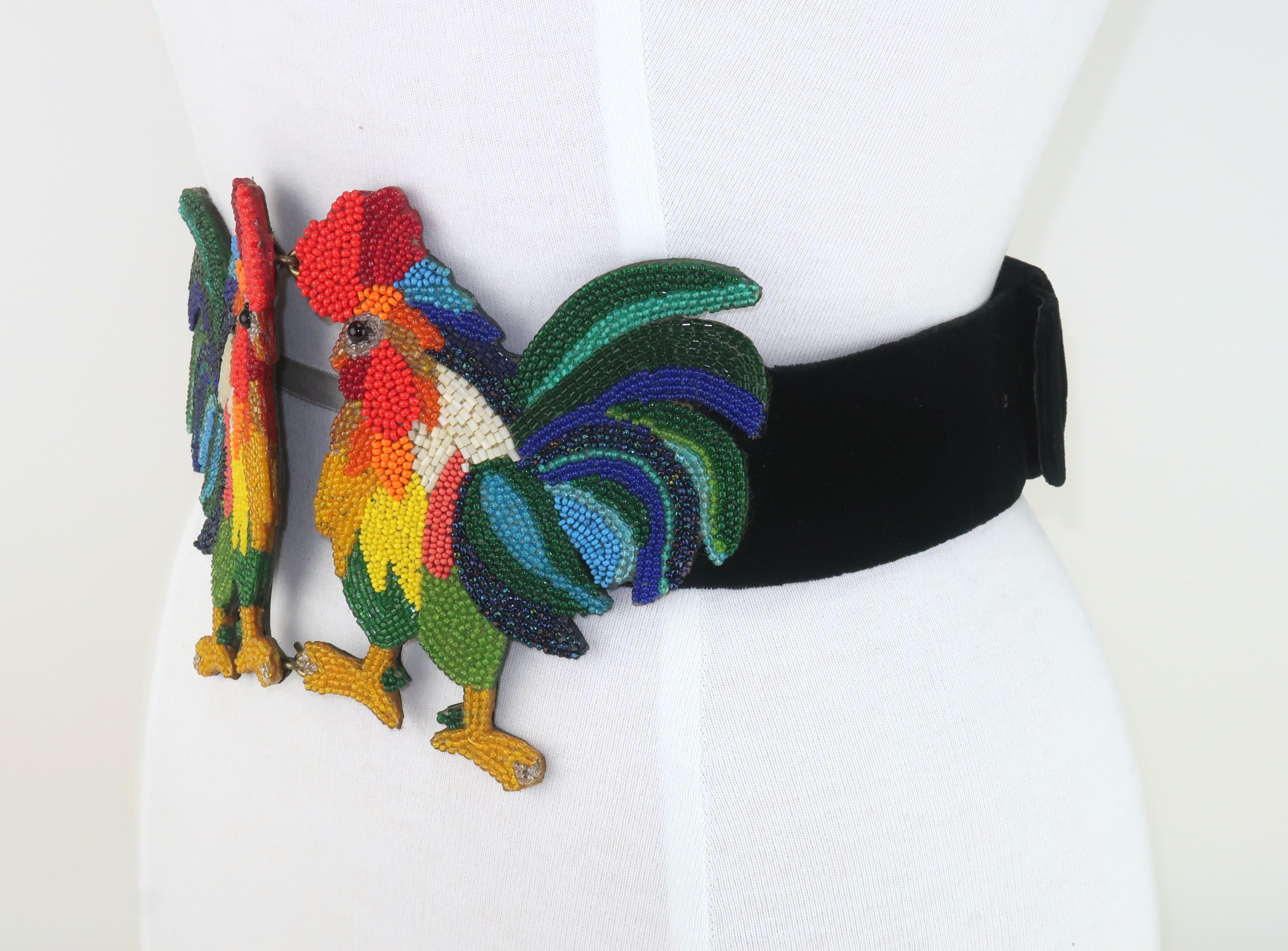 Beaded Rooster Cummerbund Velvet Belt, 1980’s In Good Condition In Atlanta, GA