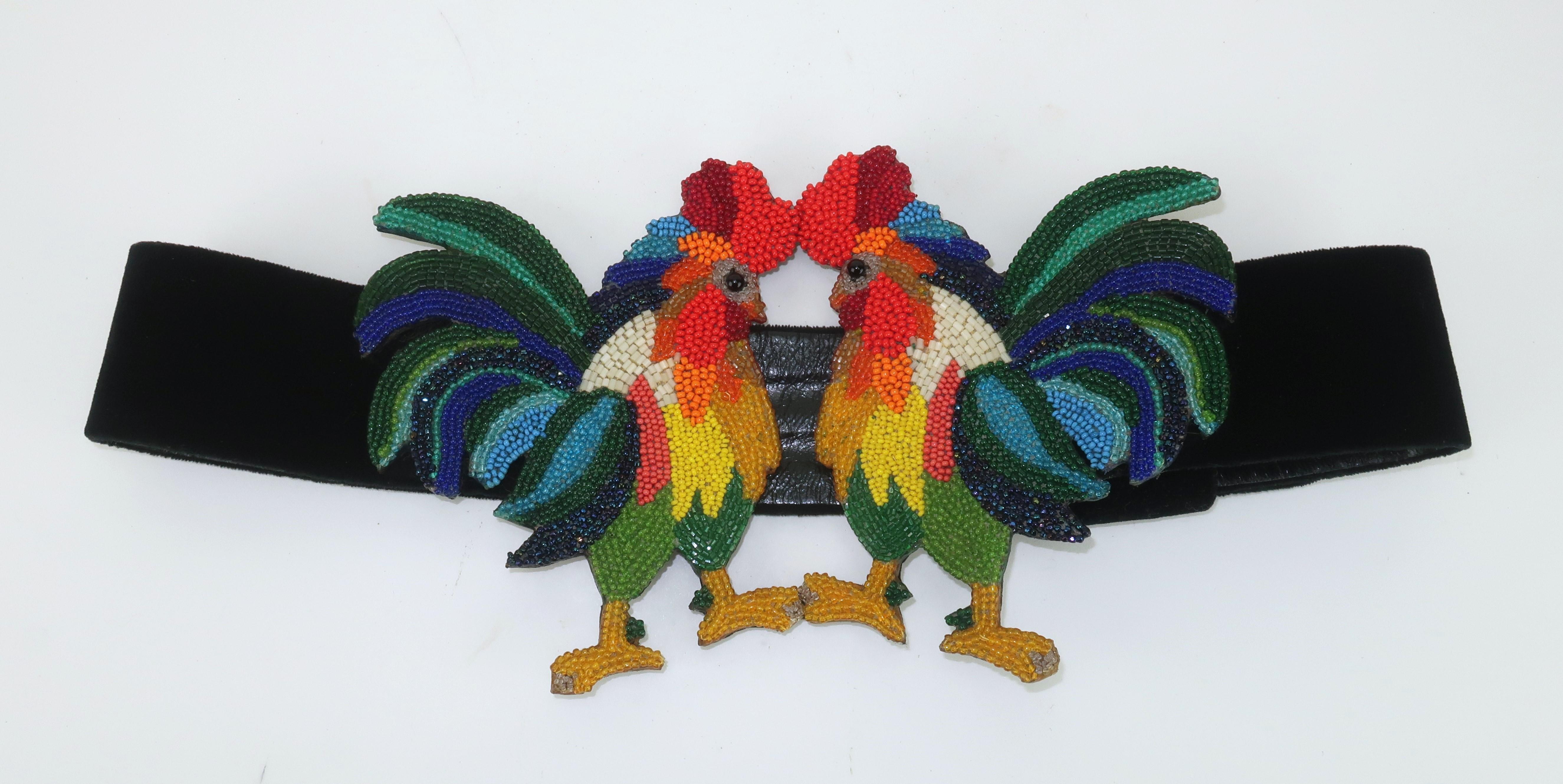 Beaded Rooster Cummerbund Velvet Belt, 1980’s 2