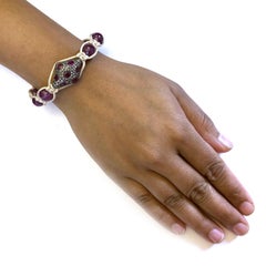 Beaded Ruby Macrame Bracelet With Pave Diamonds In Silver