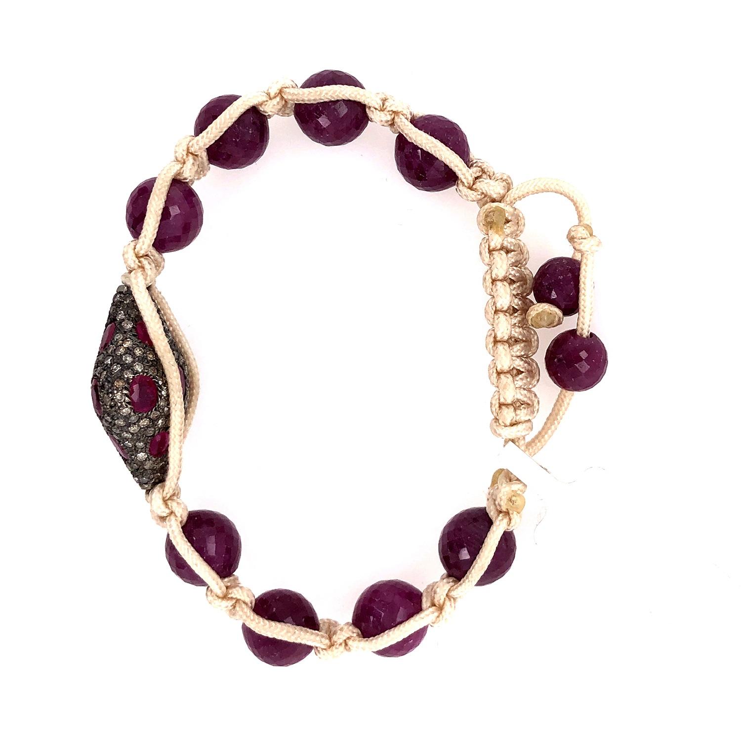 Art Deco Beaded Ruby Macrame Bracelet With Pave Diamonds In Silver For Sale