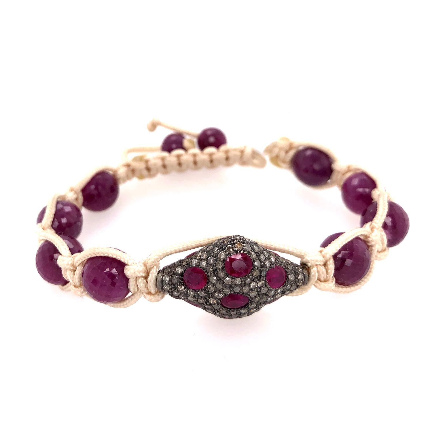 Mixed Cut Beaded Ruby Macrame Bracelet With Pave Diamonds In Silver For Sale