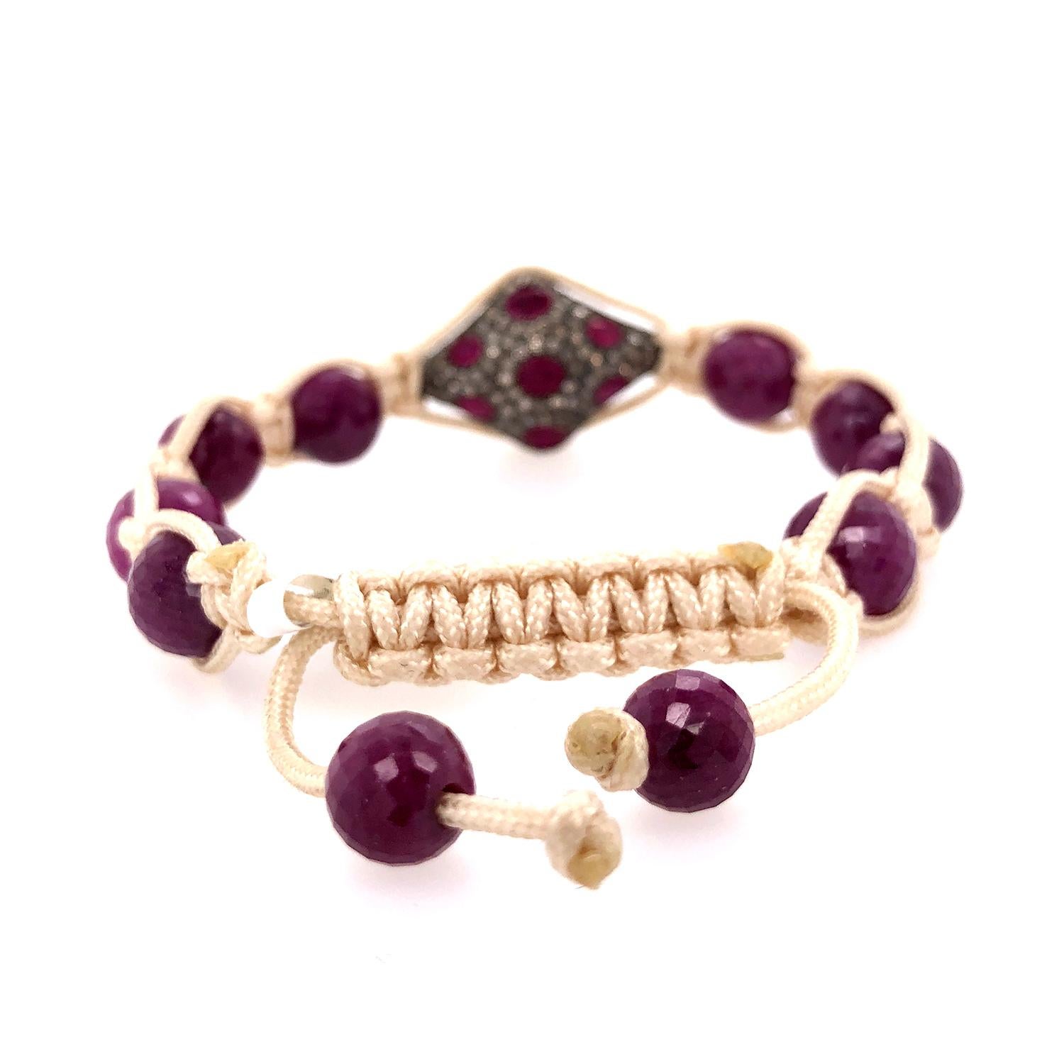 Beaded Ruby Macrame Bracelet With Pave Diamonds In Silver In New Condition For Sale In New York, NY