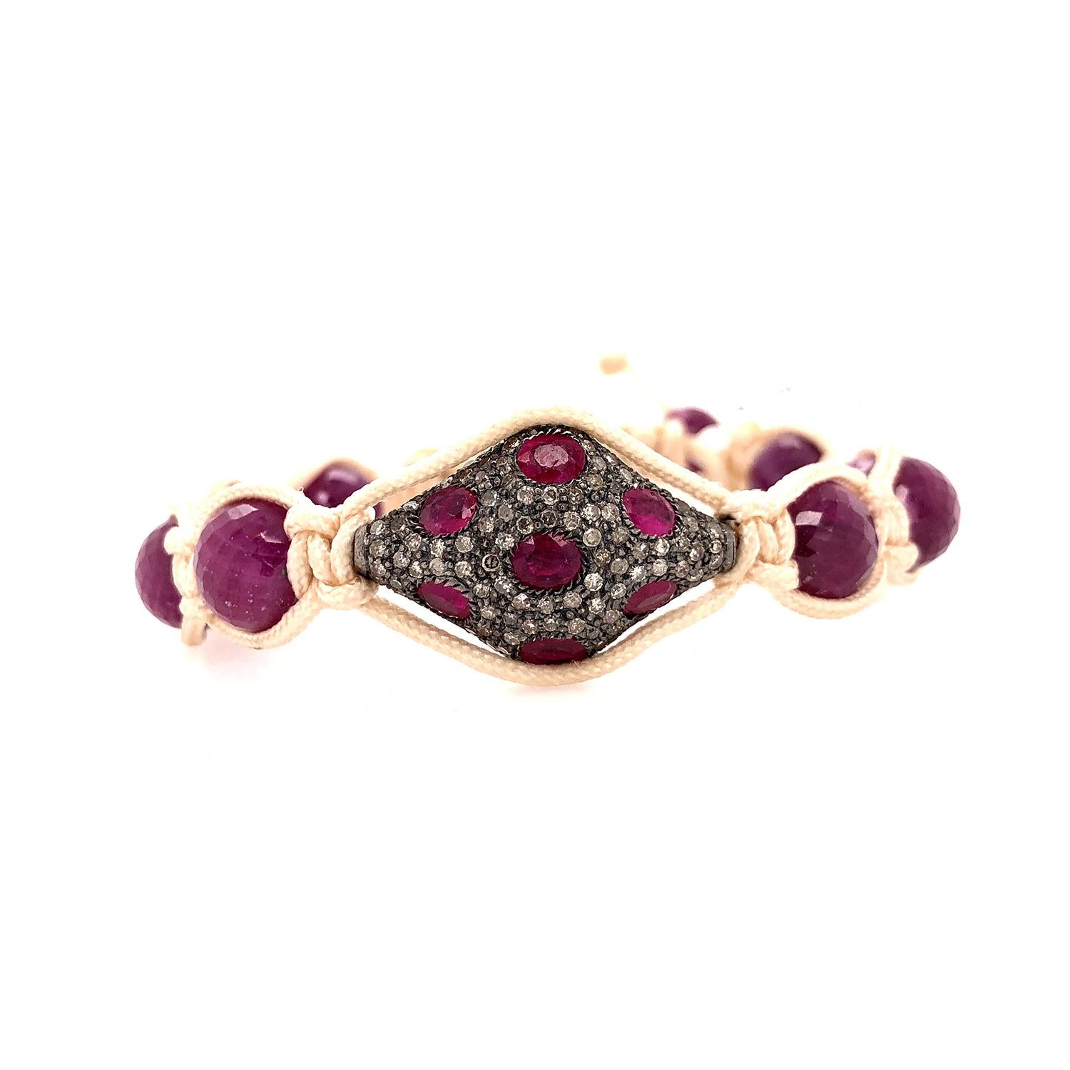 Women's Beaded Ruby Macrame Bracelet With Pave Diamonds In Silver For Sale