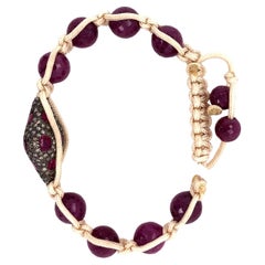 Beaded Ruby Macrame Bracelet With Pave Diamonds In Silver