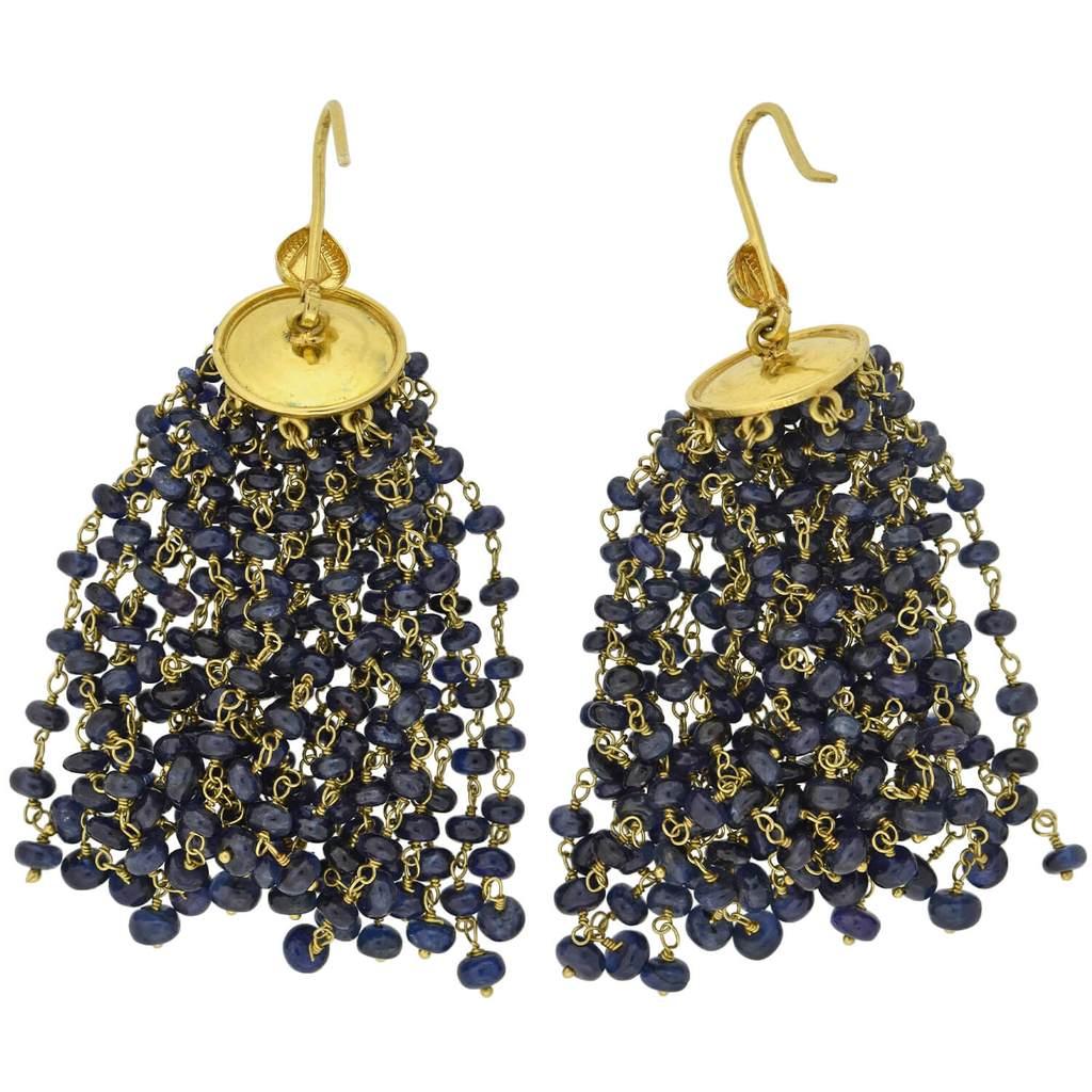 Women's Beaded Sapphire Tassel Earrings For Sale