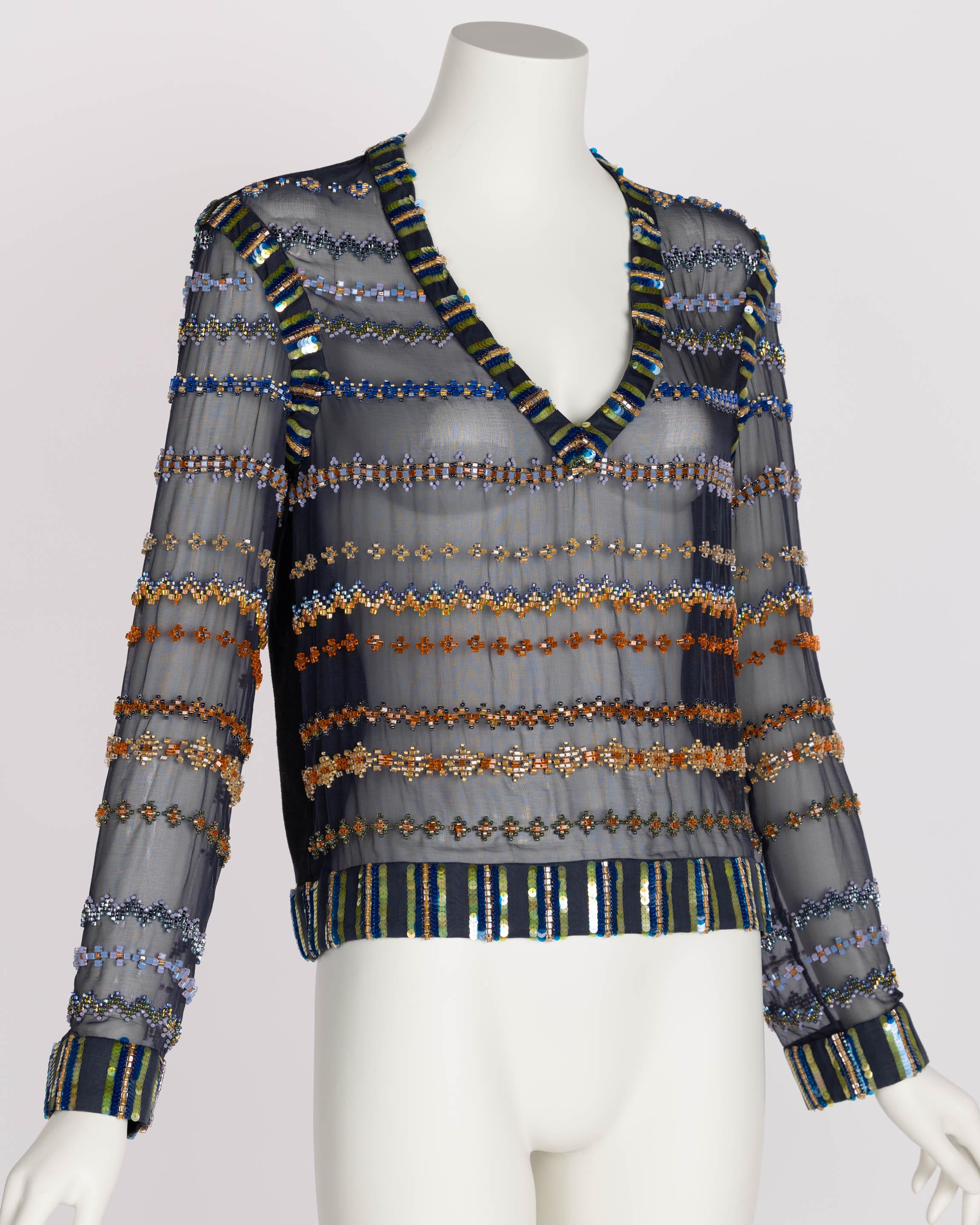  Chanel Métiers d’Art Silk & Leather Beaded Sequin Deep V Top, 2013 In Excellent Condition For Sale In Boca Raton, FL