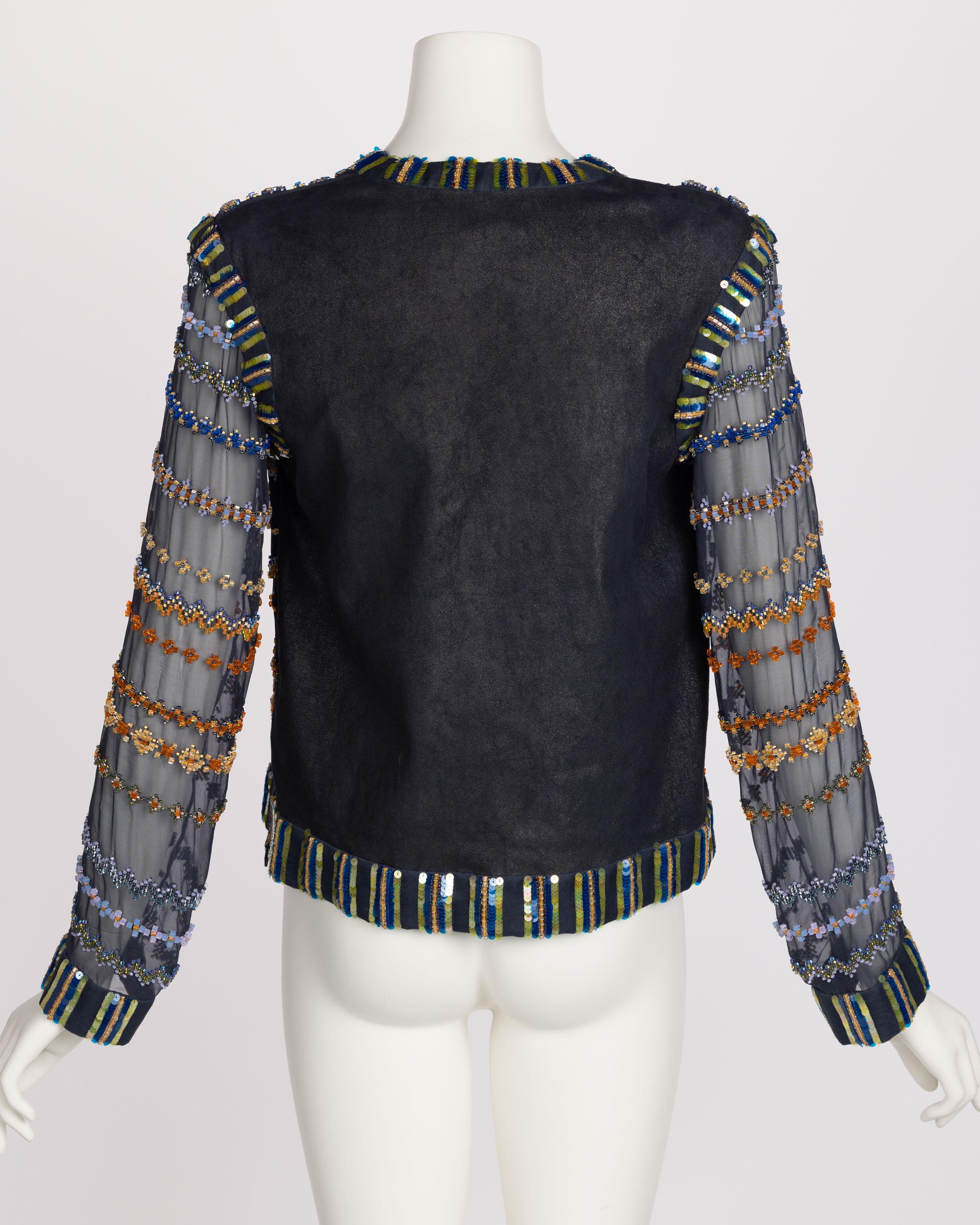  Chanel Métiers d’Art Silk & Leather Beaded Sequin Deep V Top, 2013 For Sale 2
