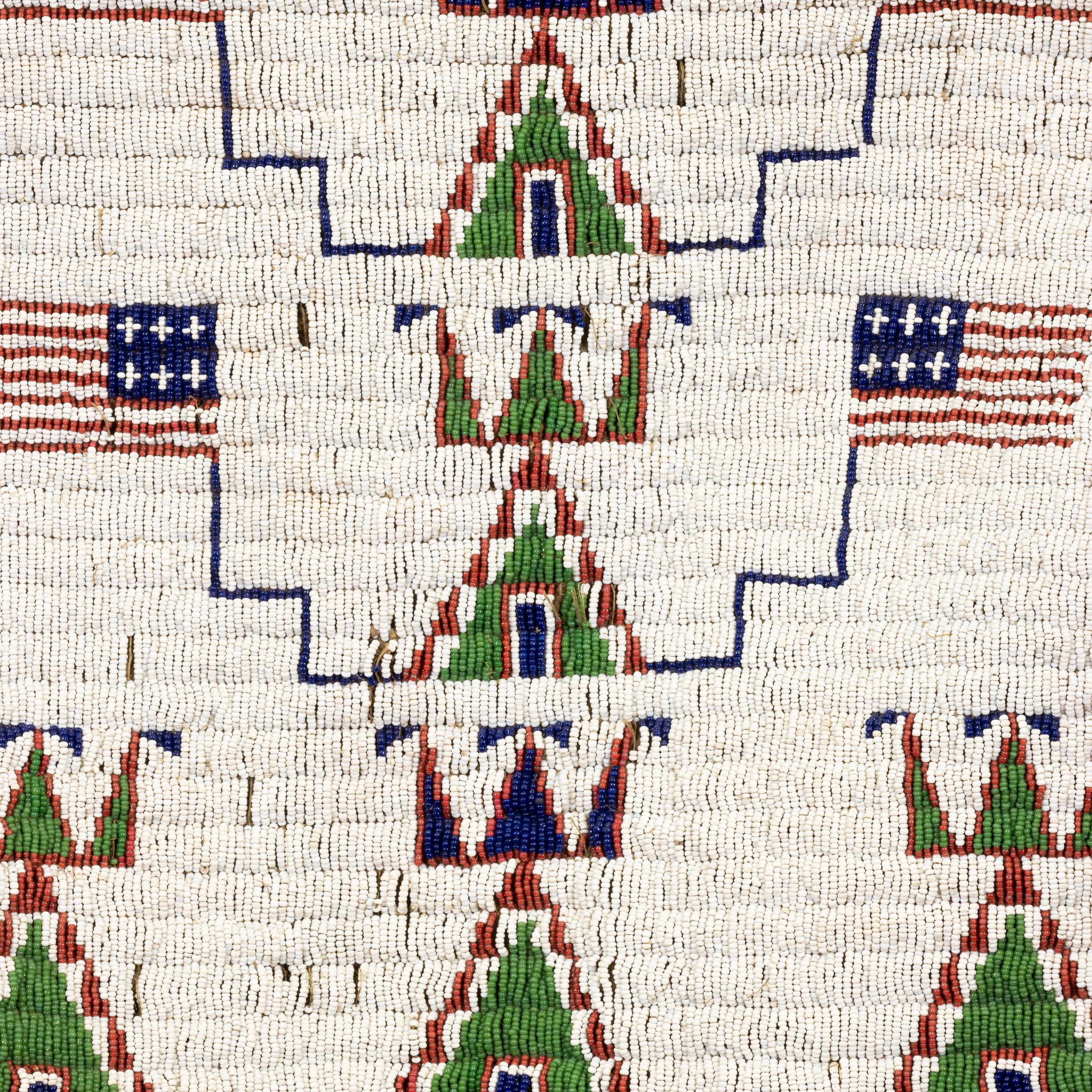Native American Sioux fully beaded patriotic vest with teepees, crosses and four flags. Sinew sewn on brain tanned deer skin then flour sack lined. 15