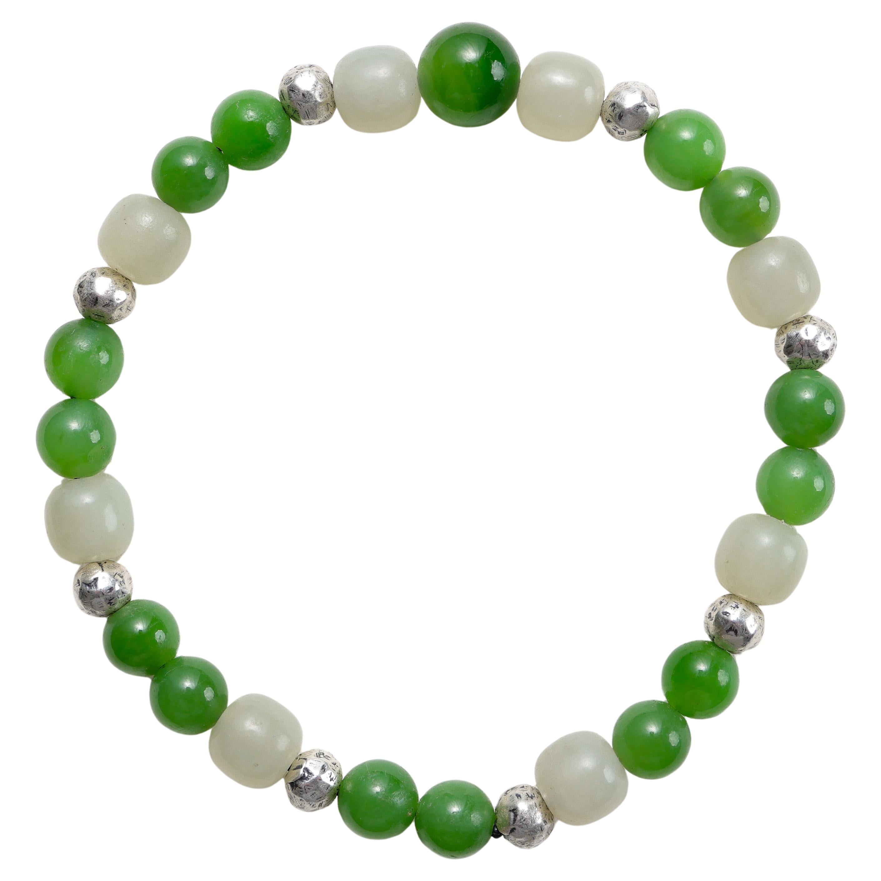 Jade Bracelet with Siberian Nephrite Jade, Mutton Fat Jade, & Silver, Stretch