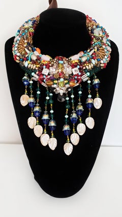 Beaded Swarovski Embellished Mother of Pearl Tassel Drop Statement Necklace