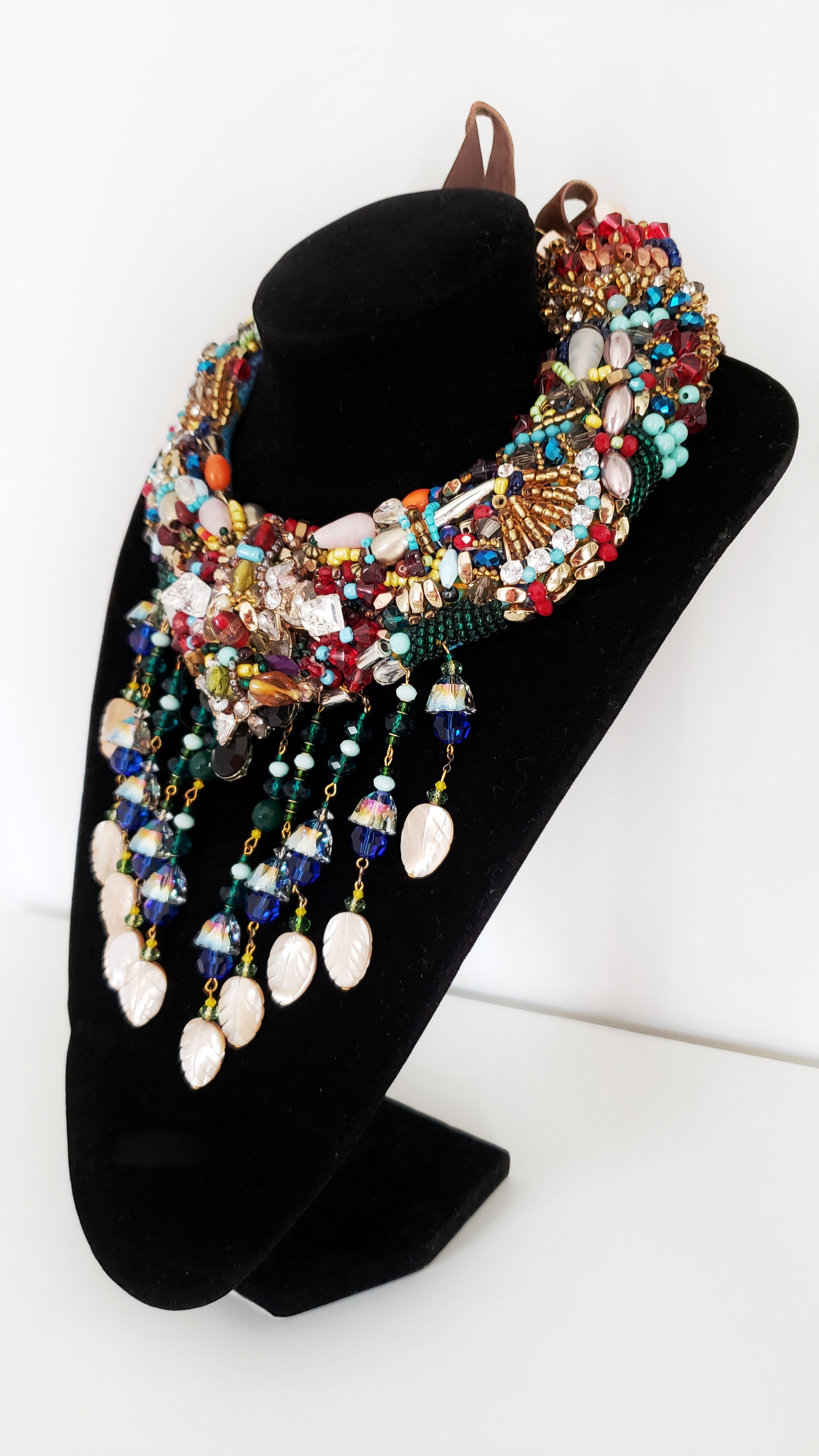 Artist Beaded Swarovski Embellished Mother of Pearl Tassel Drop Statement Necklace For Sale