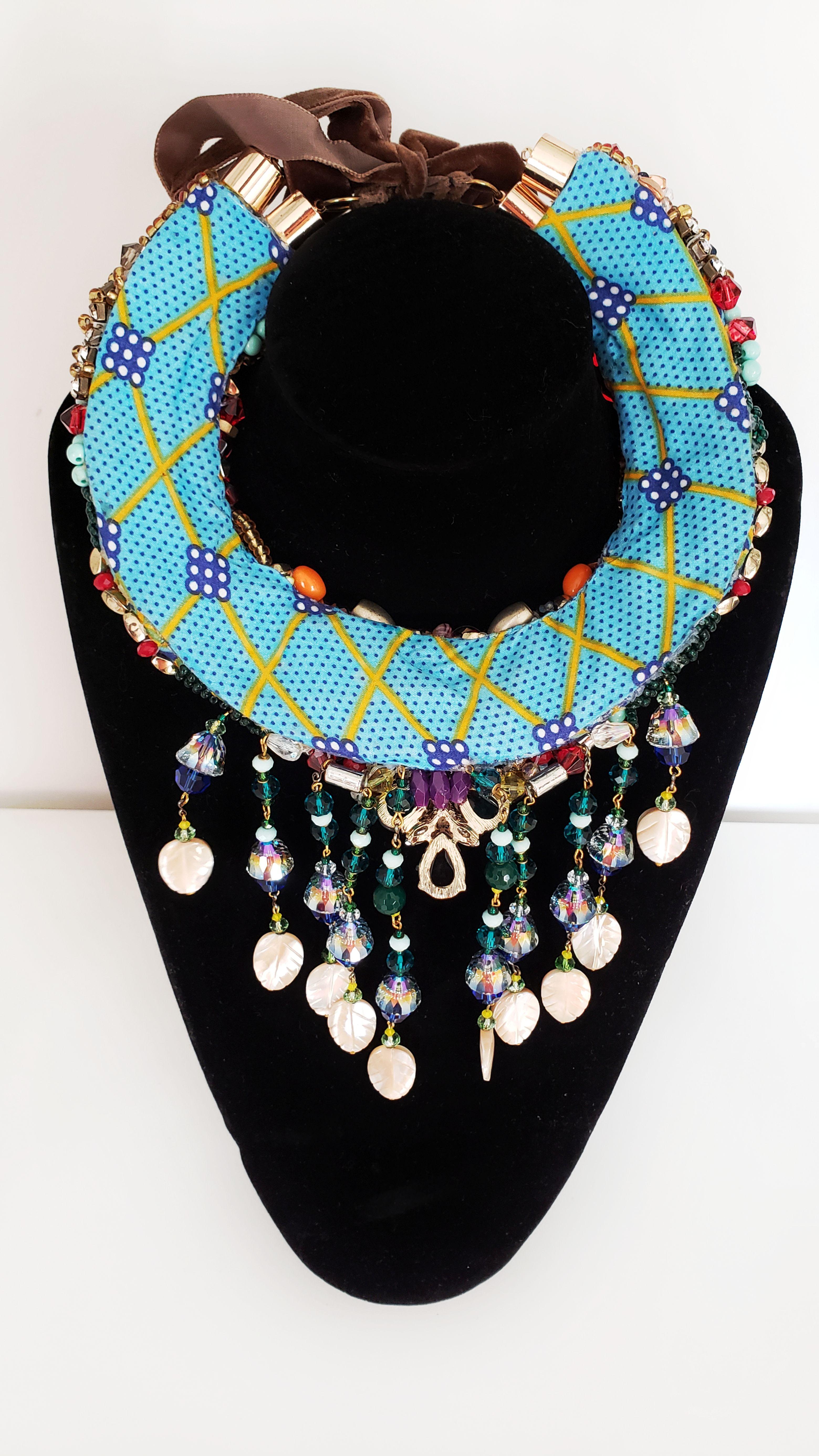 Women's Beaded Swarovski Embellished Mother of Pearl Tassel Drop Statement Necklace For Sale