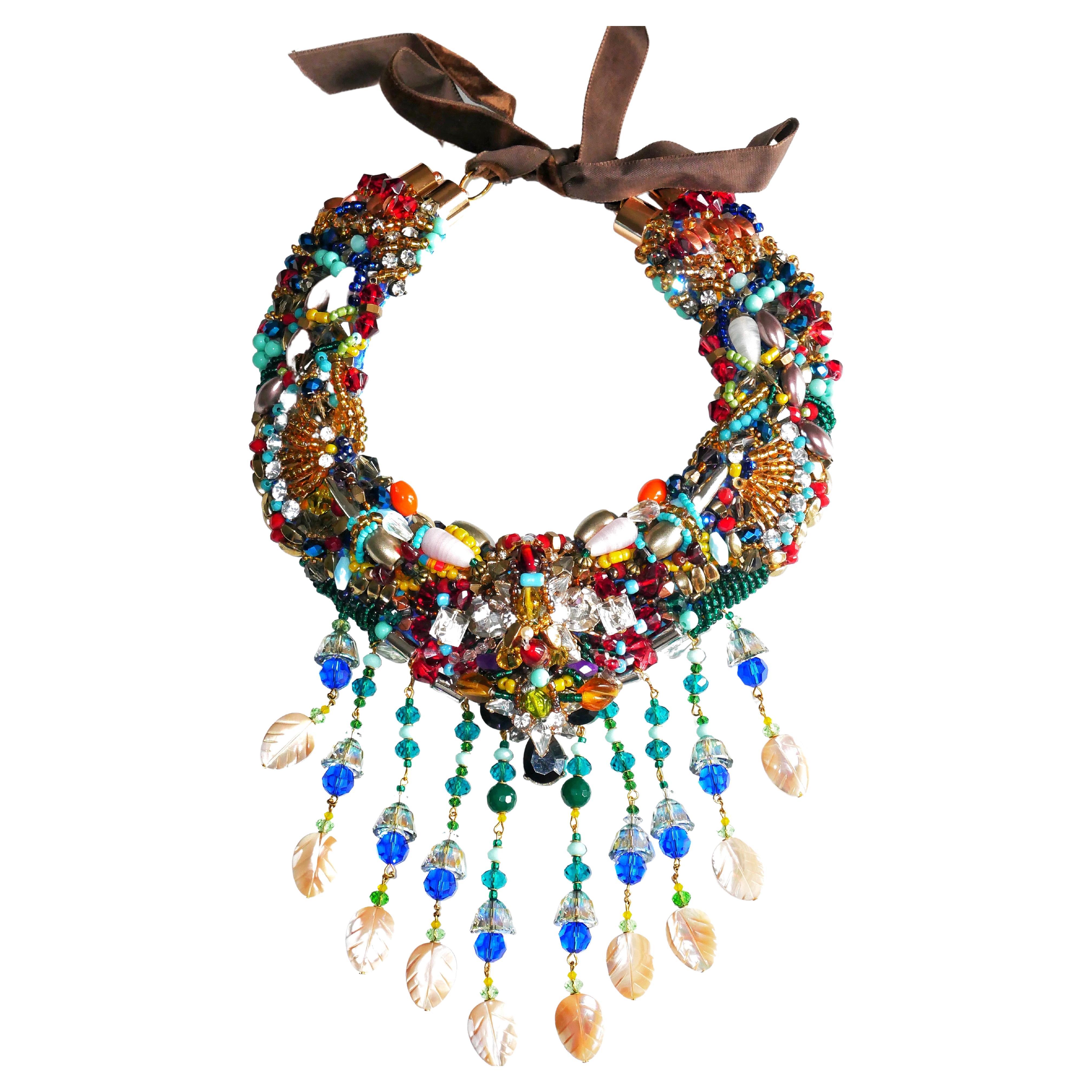 Beaded Swarovski Embellished Mother of Pearl Tassel Drop Statement Necklace For Sale