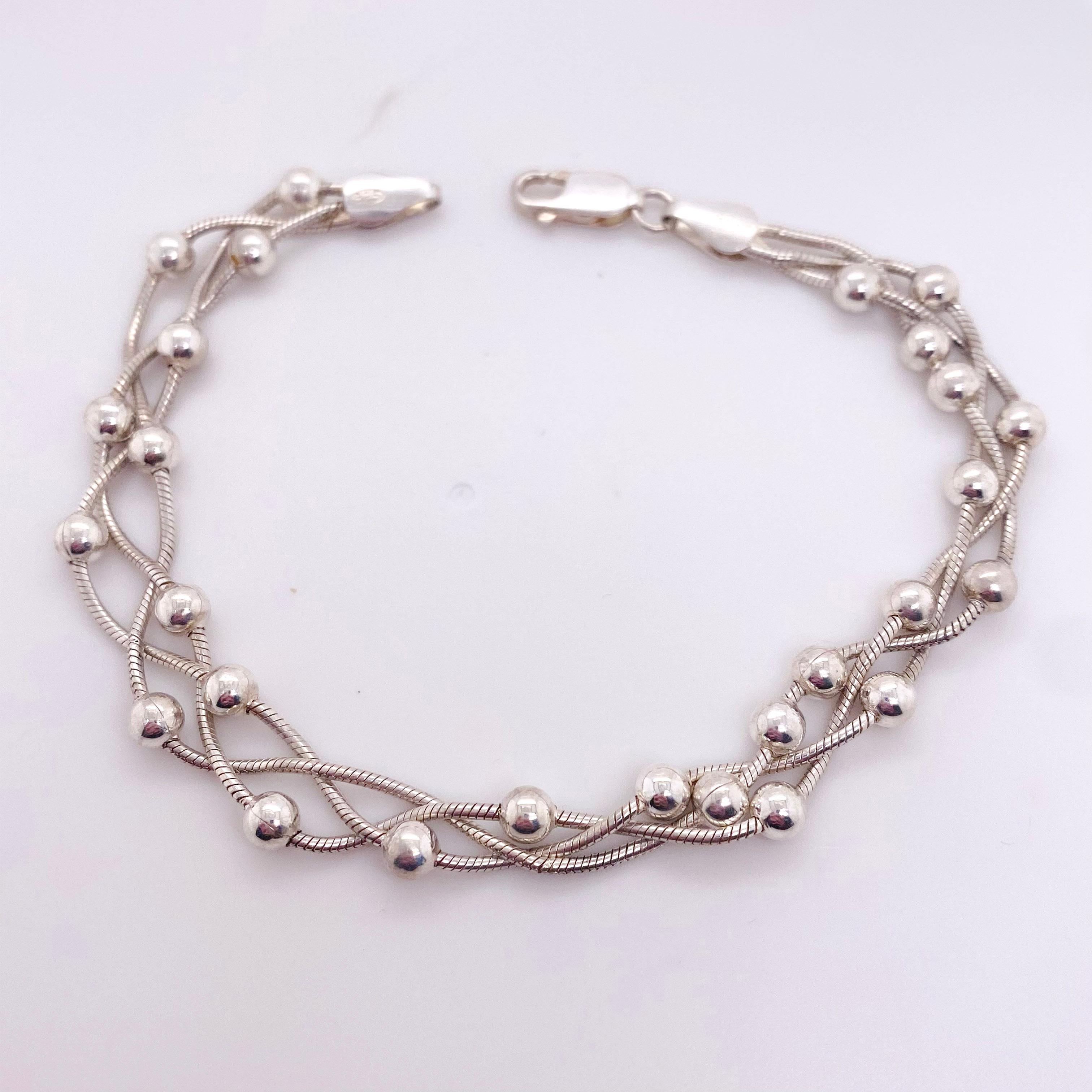 Contemporain Bracelet torsadé en perles, chaîne serpent tressé en argent sterling avec perles, argent en vente