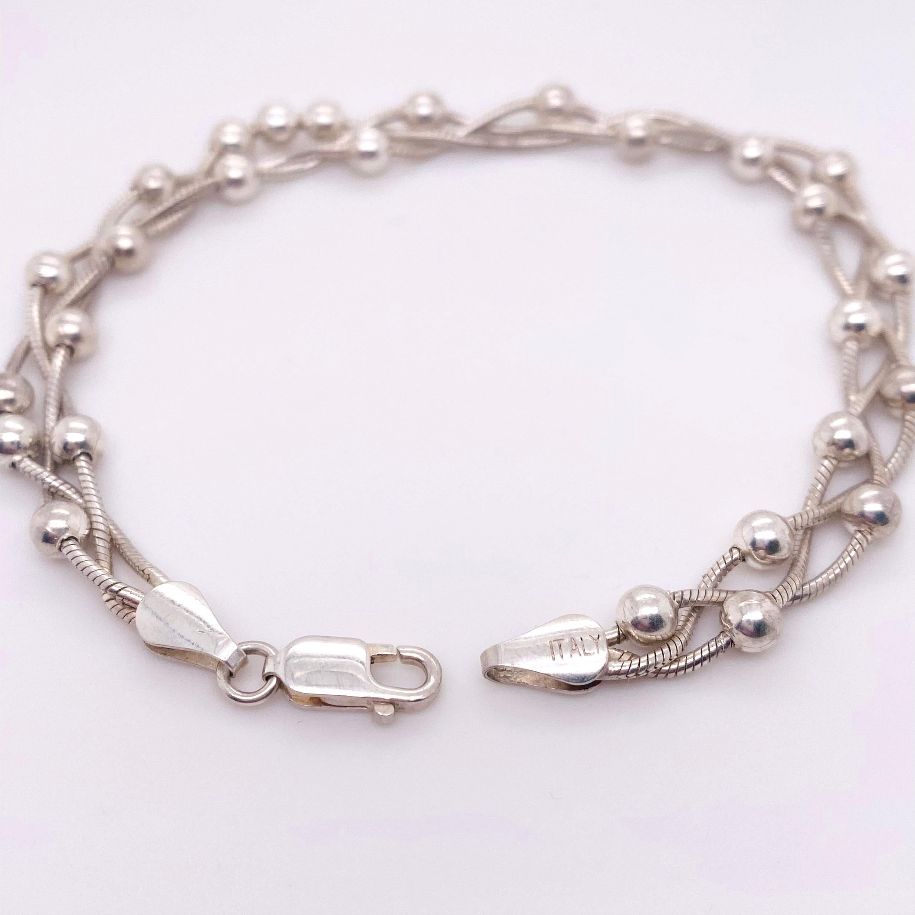 Bracelet torsadé en perles, chaîne serpent tressé en argent sterling avec perles, argent Neuf - En vente à Austin, TX