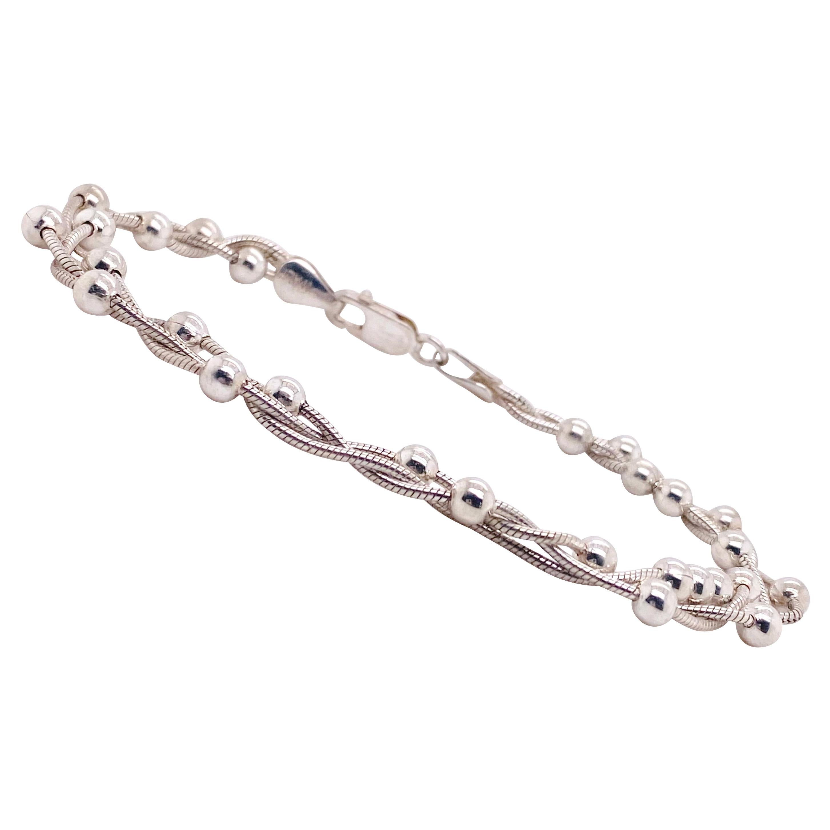 Beaded Twist Bracelet, Braided Snake Sterling Silver Chain with Beads, Silver For Sale