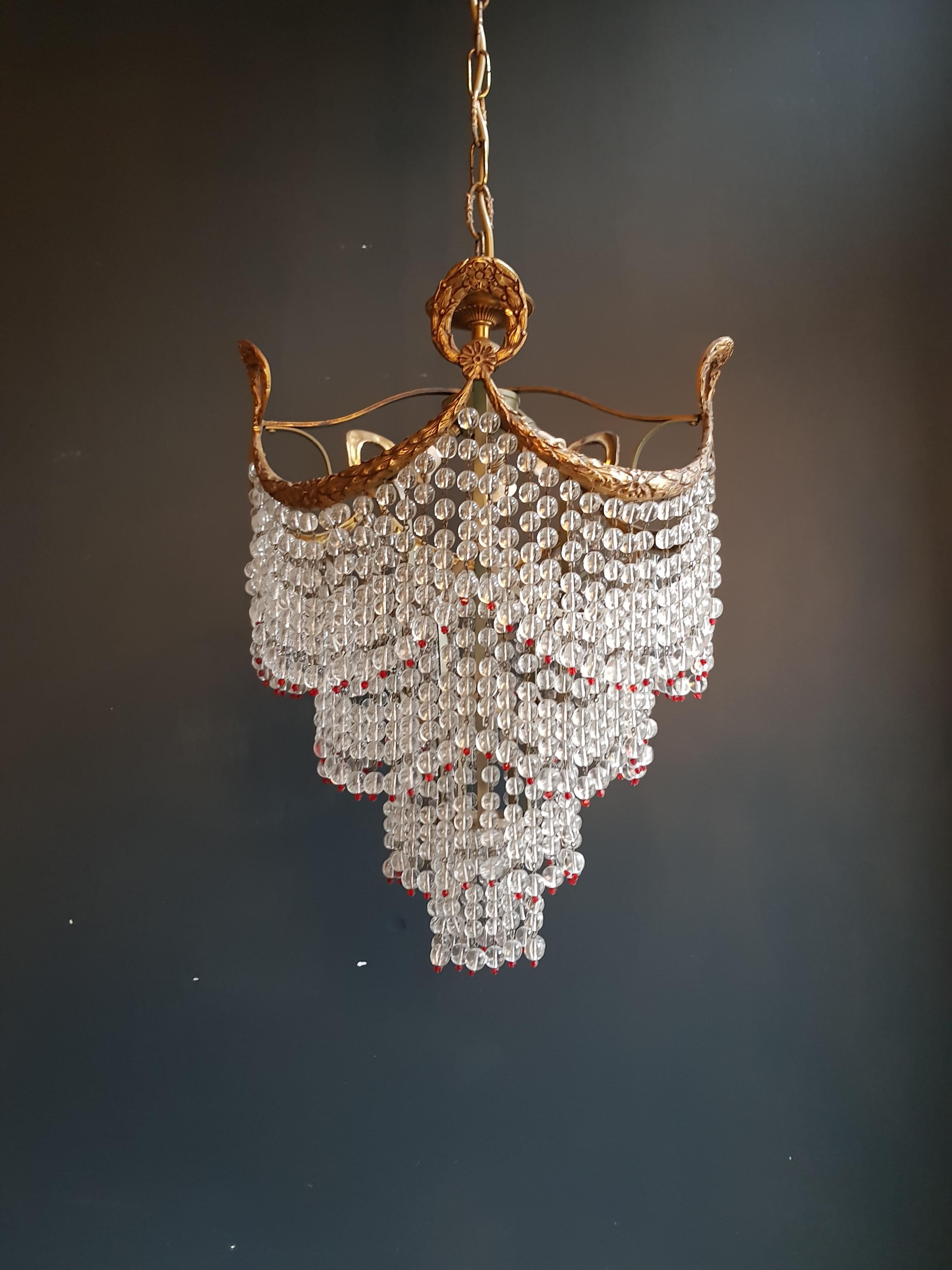 Beaded waterfall crystal chandelier antique ceiling lamp lustre Art Nouveau
beaded chains where lovely smooth and icicle cut crystals drops are hanging. 

Measures: Total height 150 cm, height without chain 50 cm, diameter 35 cm. Weight