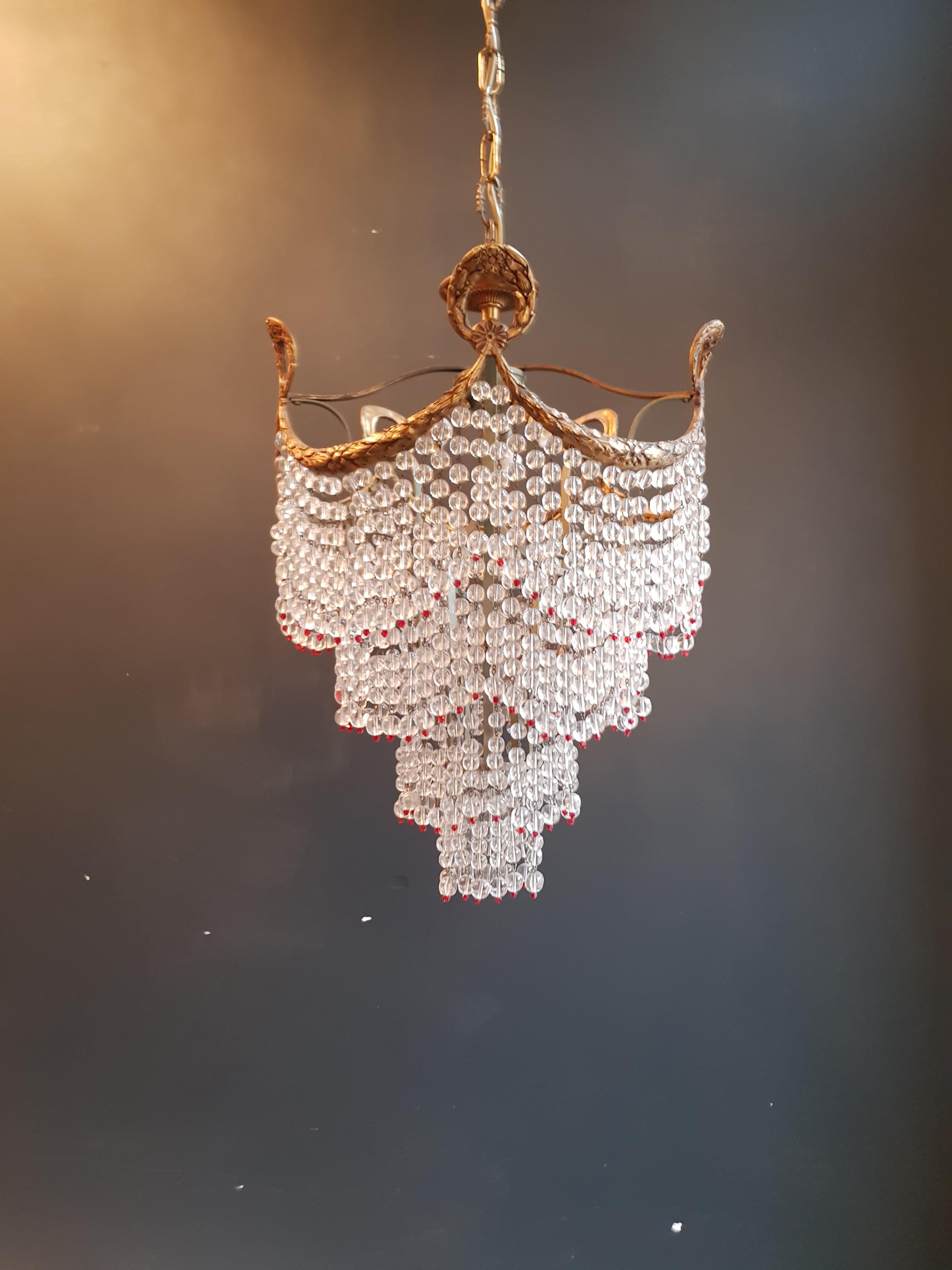 Mid-20th Century Beaded Waterfall Crystal Chandel Antique Ceiling Lamp Lustre Art Nouveau