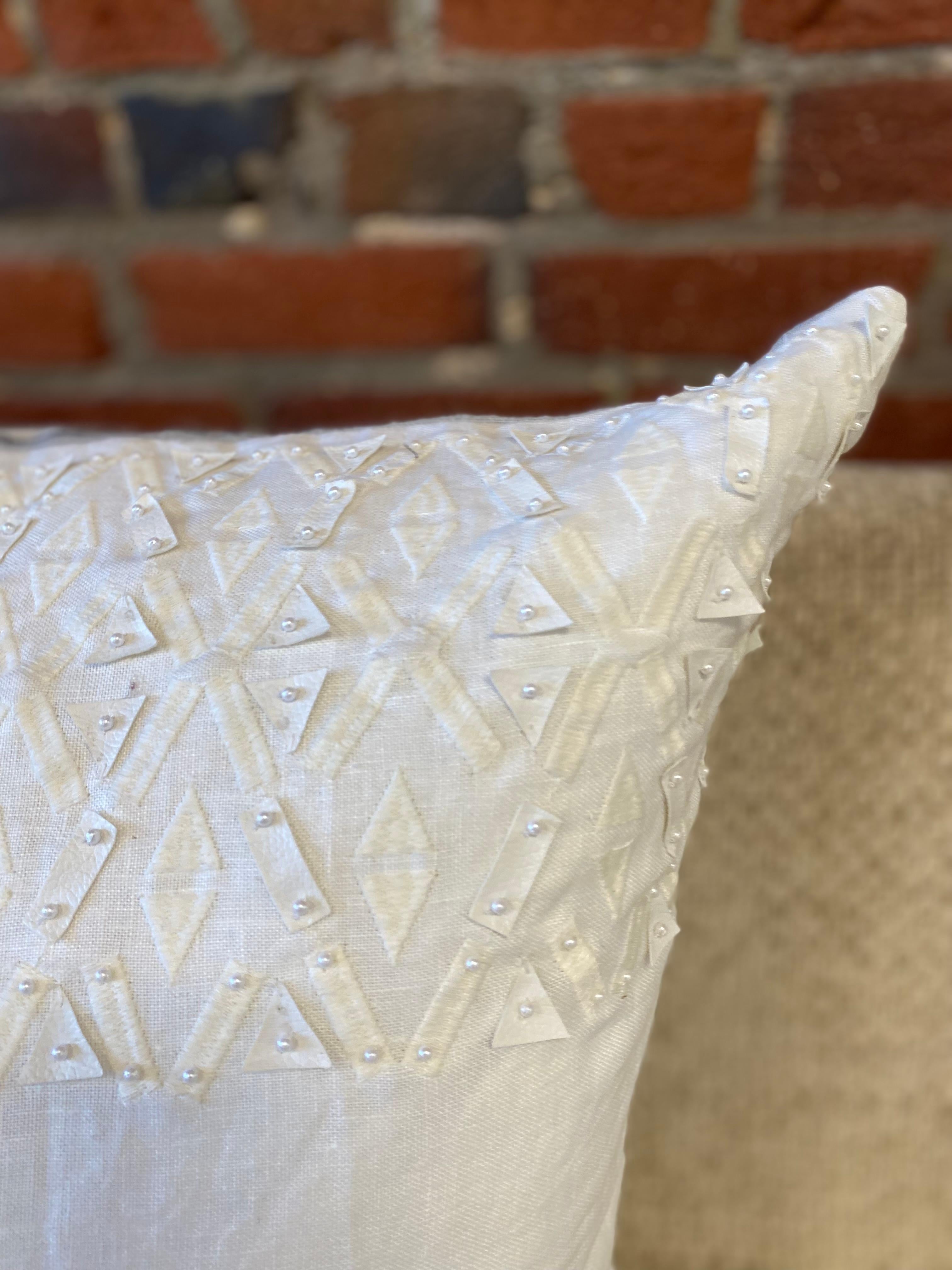 American Beaded White Linen with Silk Raised Tribal Inspired Grey Pillow For Sale