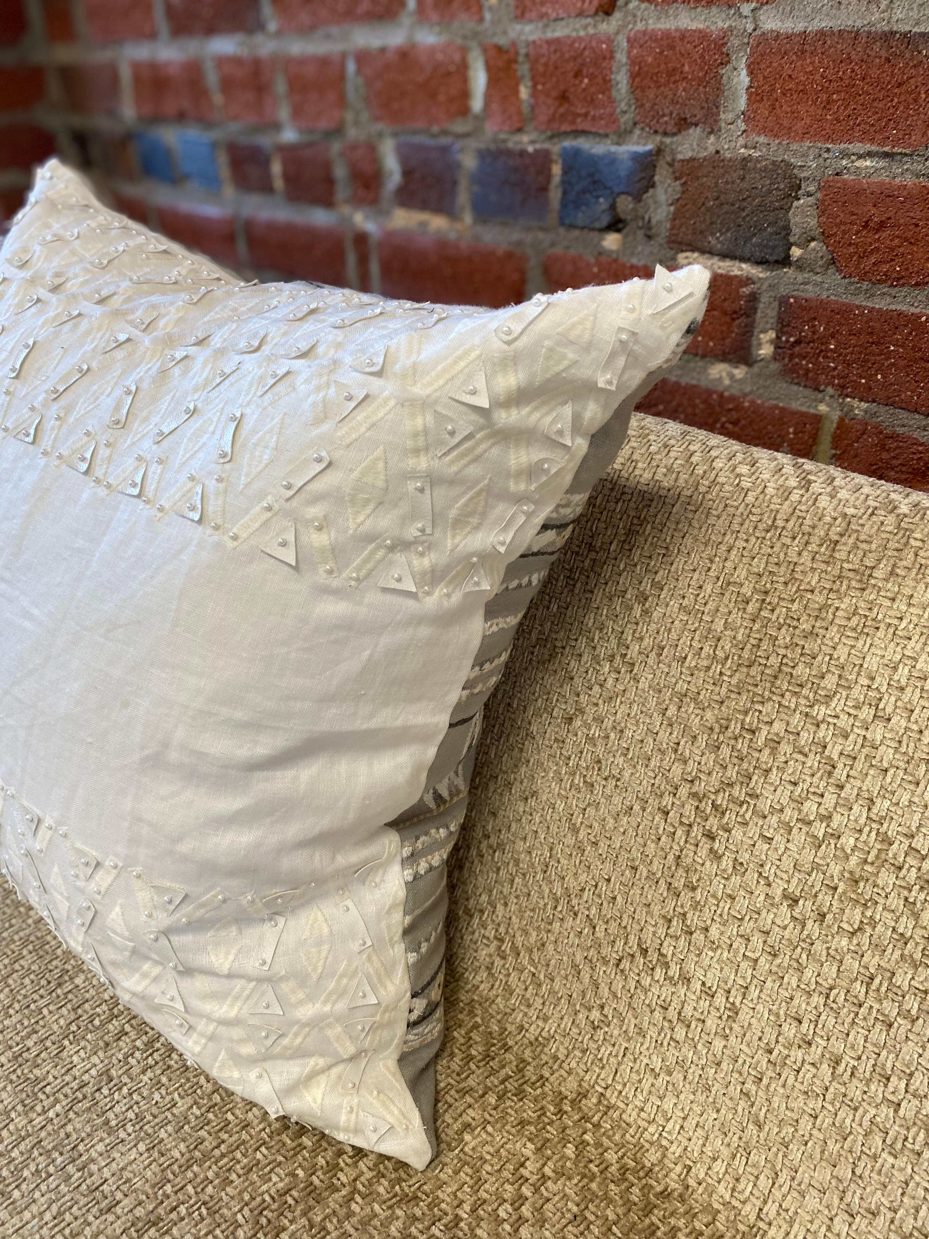 Beaded White Linen with Silk Raised Tribal Inspired Grey Pillow In New Condition For Sale In Englewood, CO