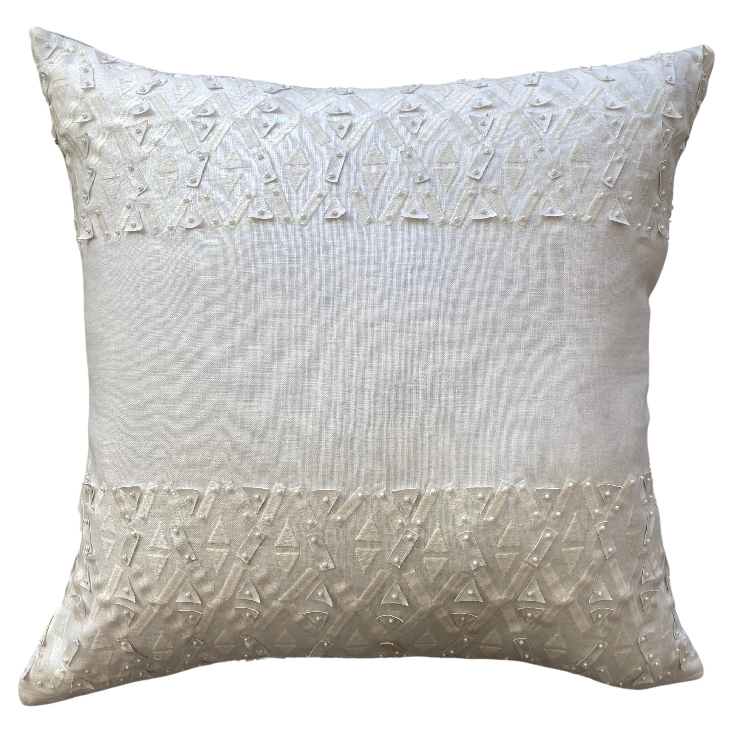 Contemporary Beaded White Linen with Silk Raised Tribal Inspired Grey Pillow For Sale