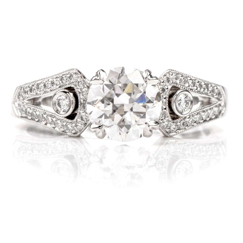This timeless elegance Michael Beaudry engagement ring is crafted in paltinum.

It is centered with 1 genuine round European round cut diamond approx. 1.00 
carat, F color, VS1 clarity, GIA certified with full of fire and radiance. 

The gorgeous
