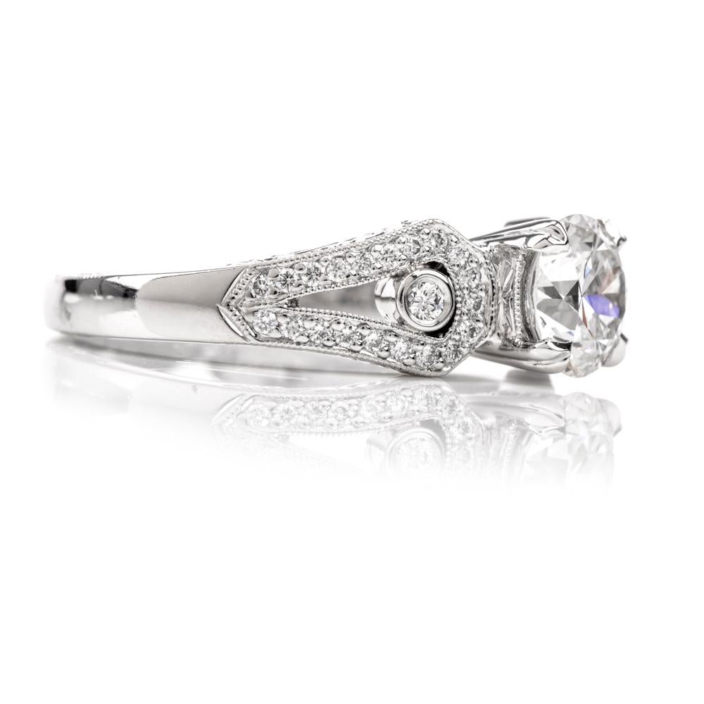 Art Deco Beaudry GIA European Round Diamond Platinum Engagement Ring