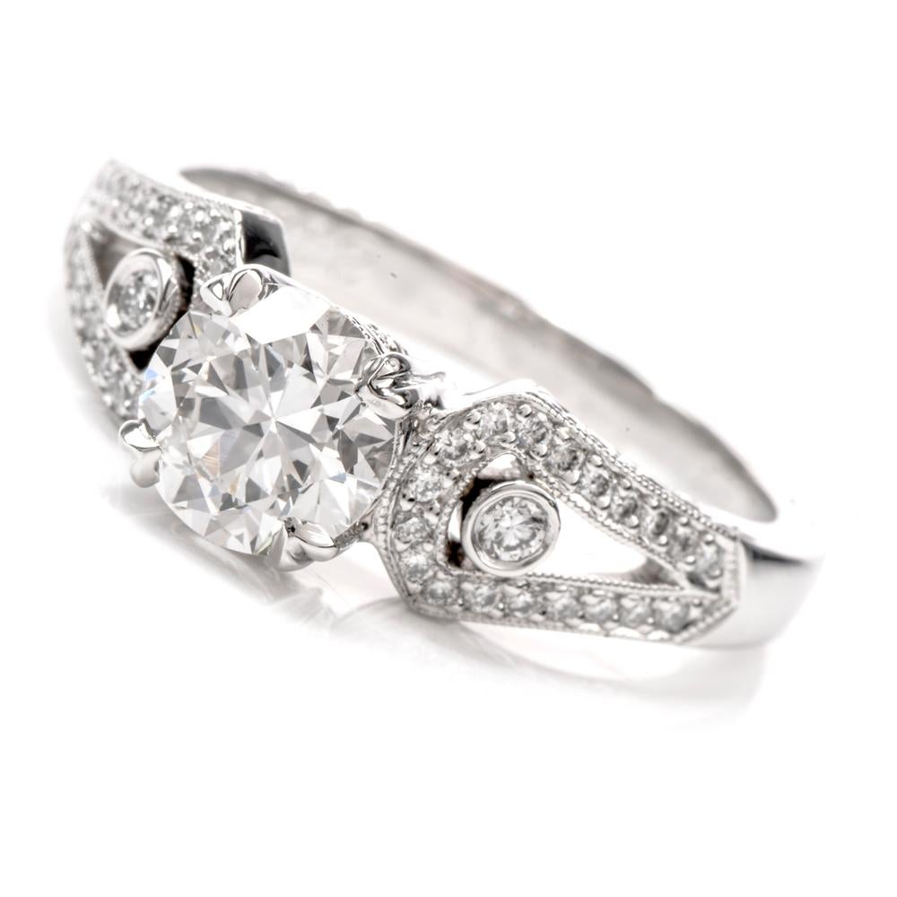 Beaudry GIA European Round Diamond Platinum Engagement Ring In Excellent Condition In Miami, FL