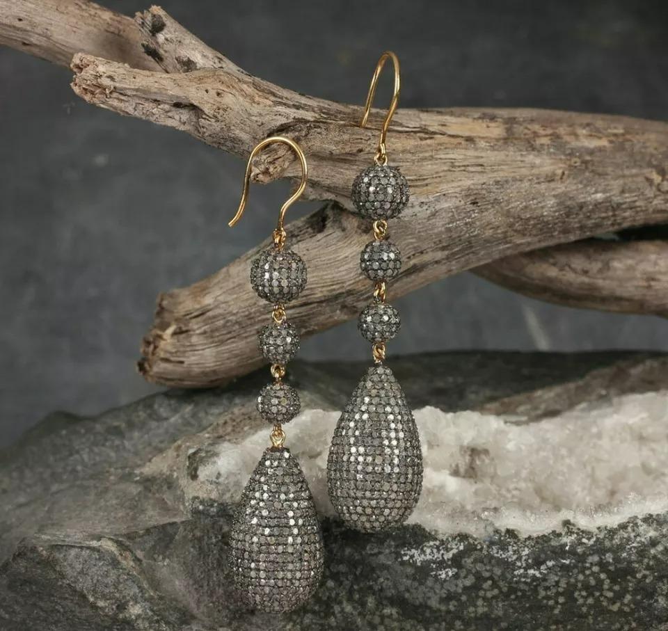 Beads Earring Pave Diamond, 14k Gold & 925 Silver Handmade In New Condition For Sale In Chicago, IL
