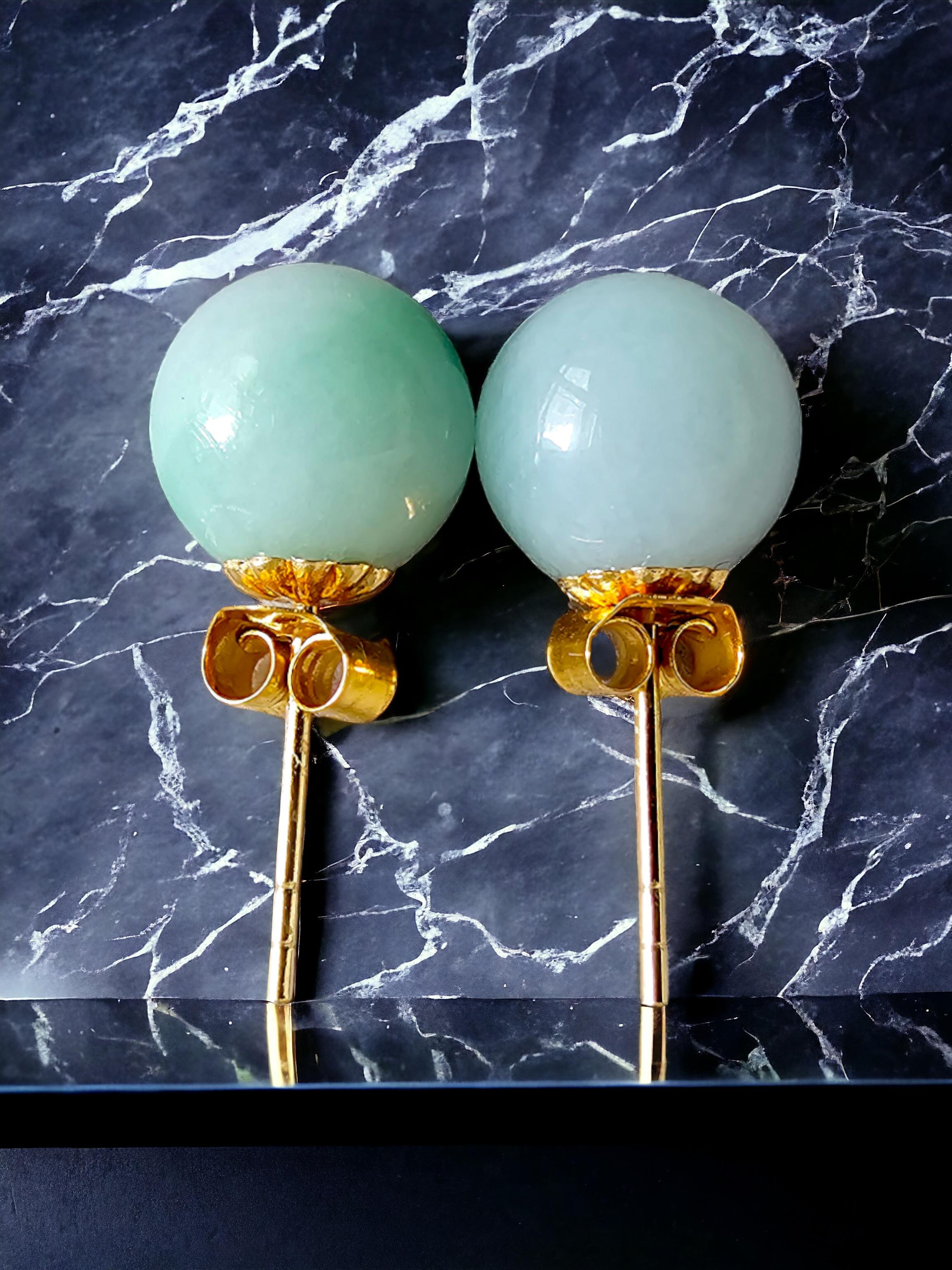 Ball Cut Beads of Eternity Burmese A-Jade Stud Earrings with 18K Yellow Gold 8mm 18001 For Sale